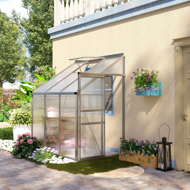 Greenhouse 6x4ft Lean-to Walk-in with Adjustable Vent and Sliding Door, Polycarbonate Clear