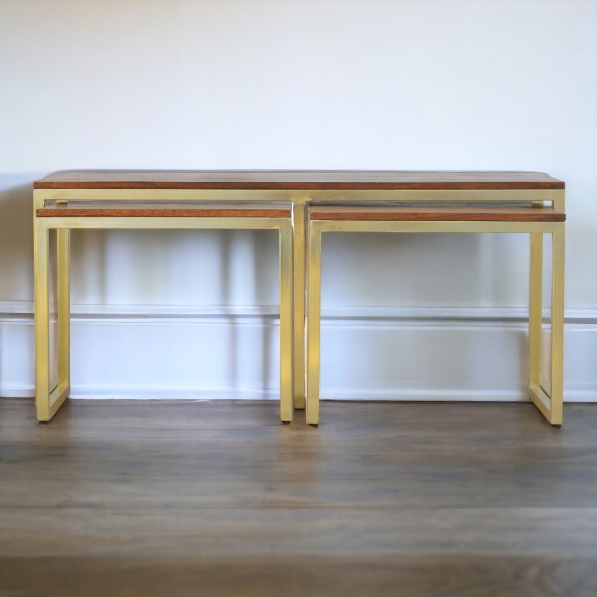 Solid Wood Table Set of 3, Metal Chunky Gold, Solid Wood