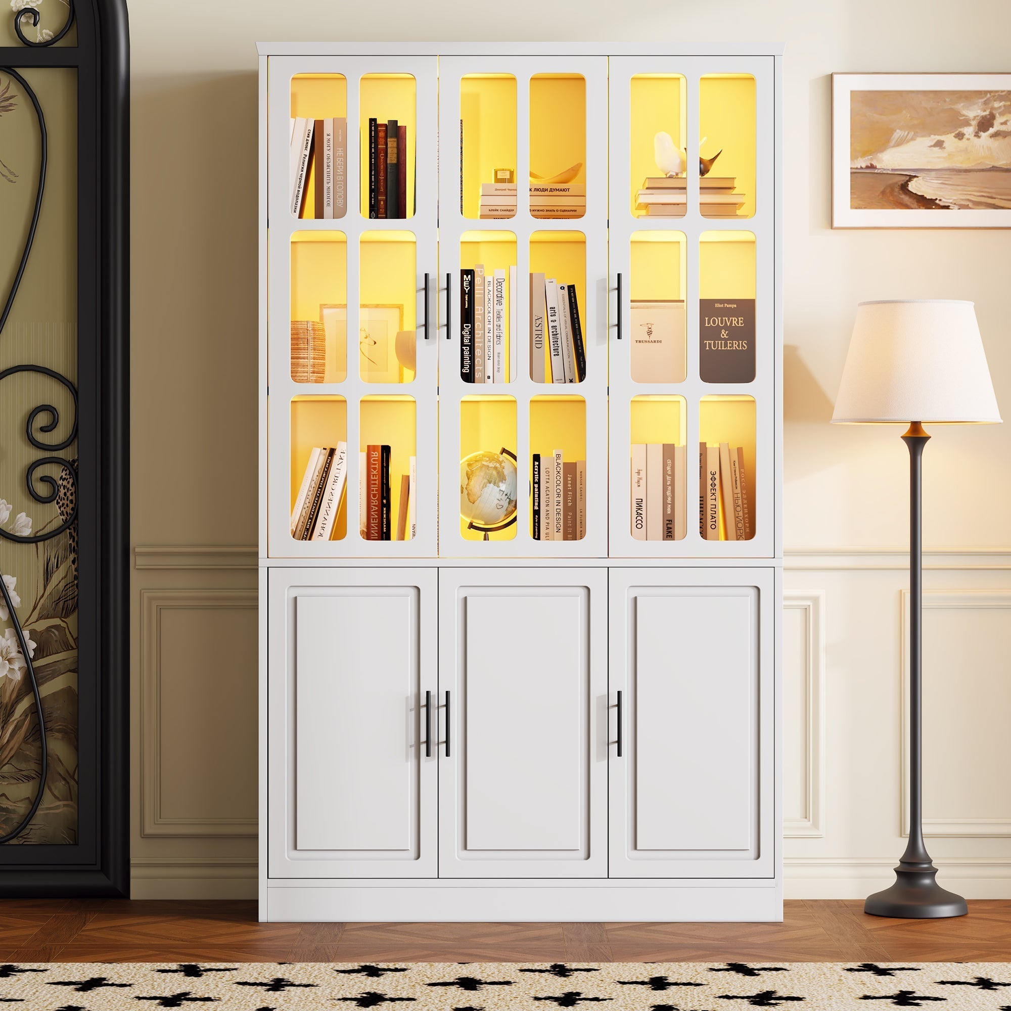 Standing Display Cabinet with 6 Doors and LED Lighting, White