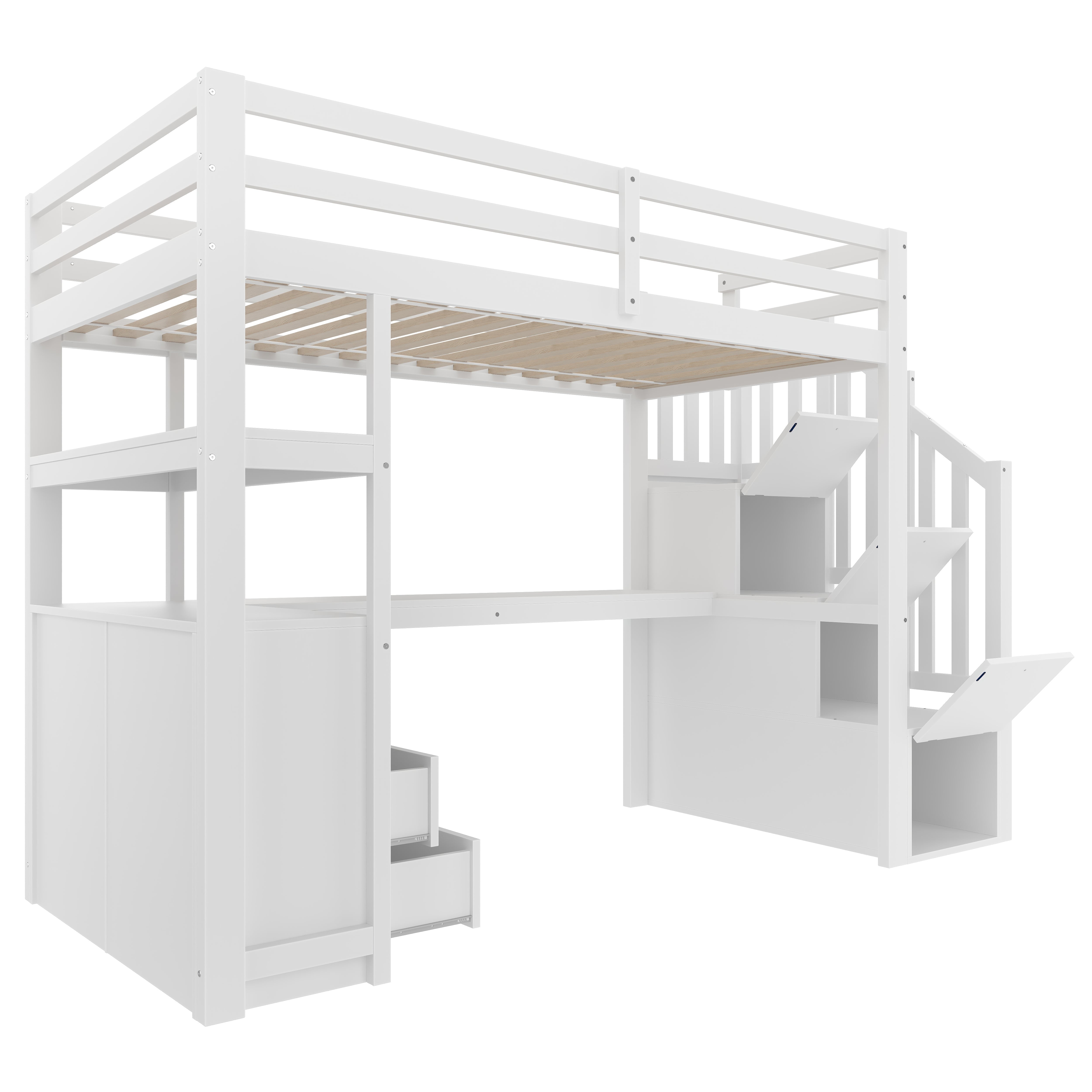 Loft Bed with Integrated Desk and Storage Ladder, 90x200cm, White