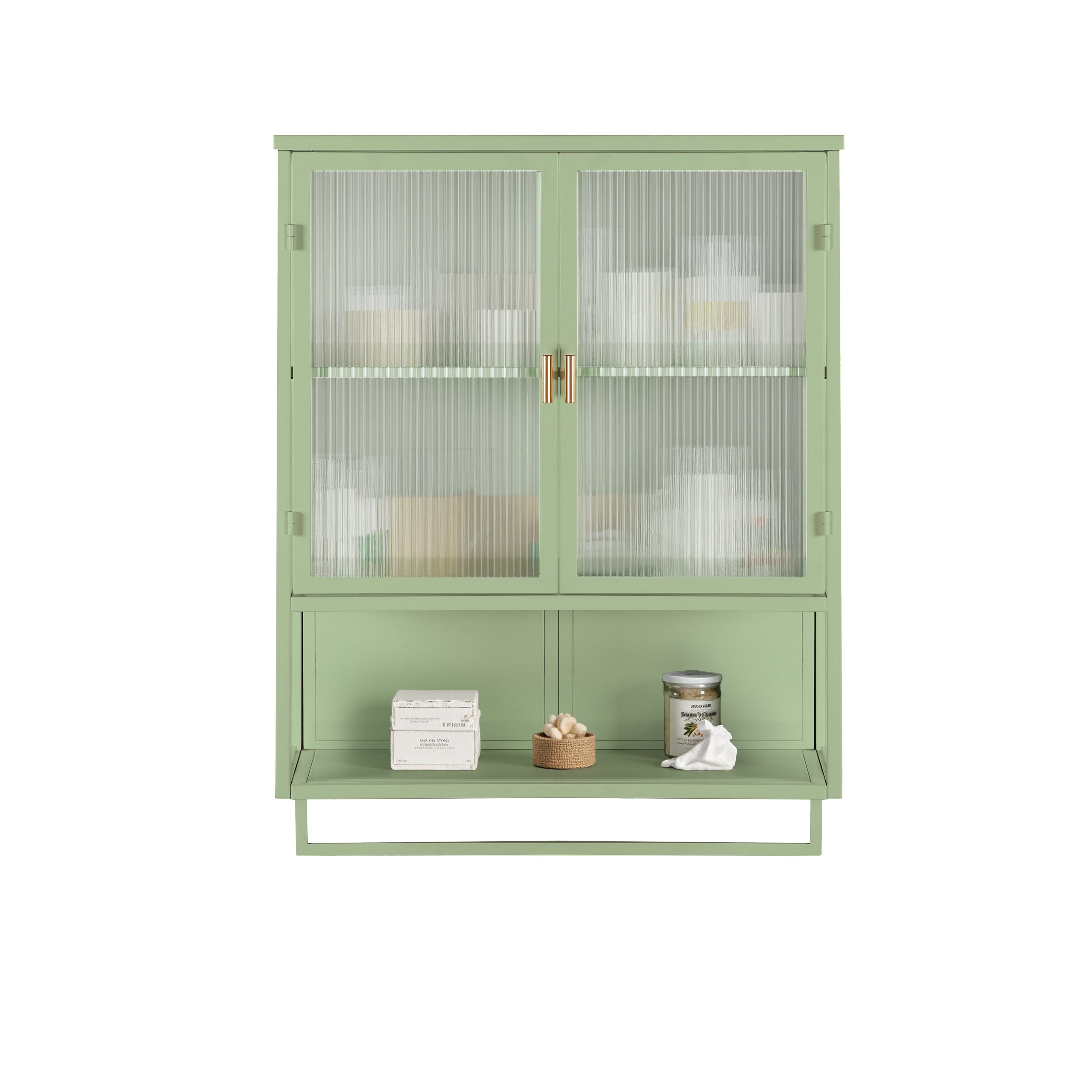 Wall Cabinet 60CM Glass Doors Two-tier Storage with Open Shelf & Towel Rack, Green