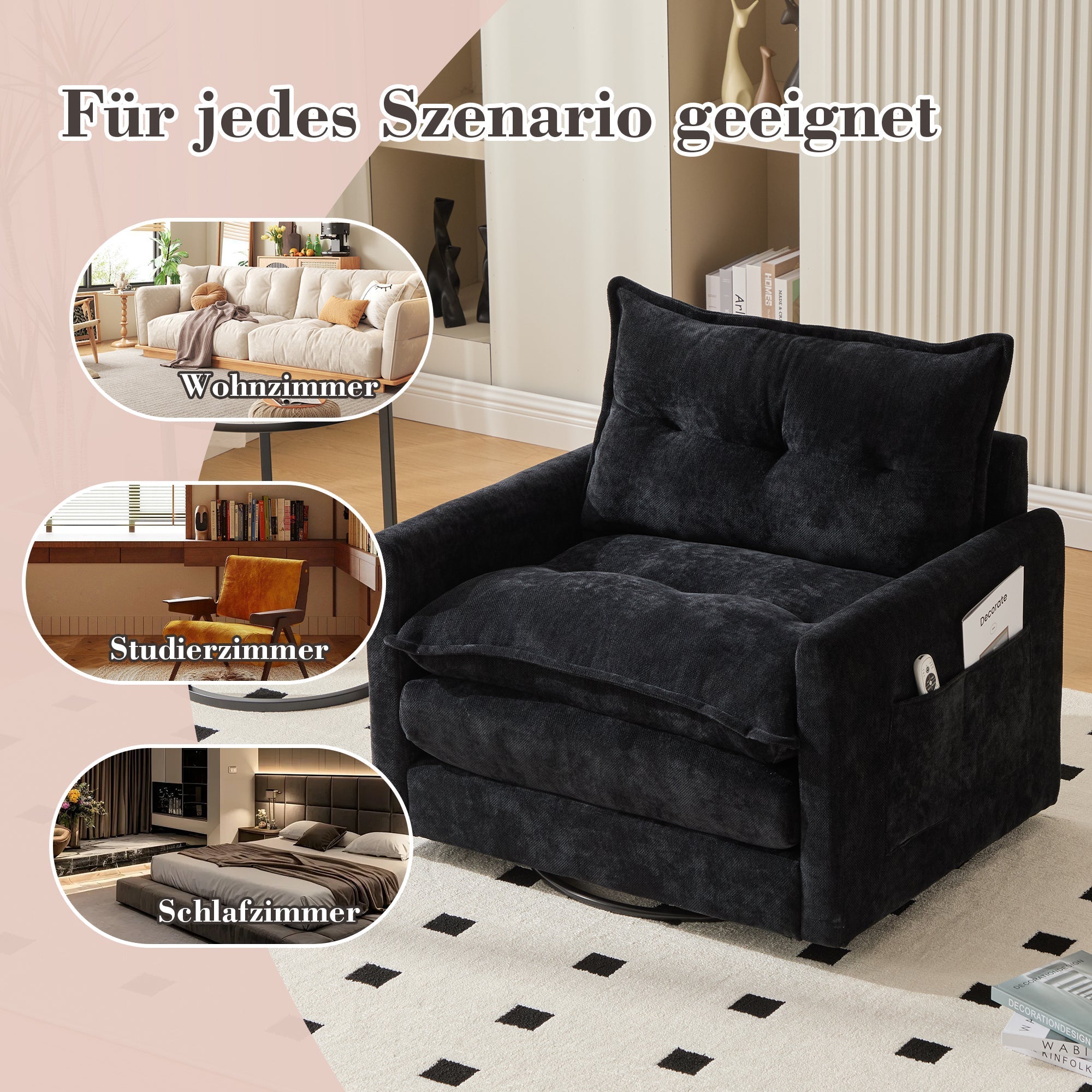 Lounge Chair, 360° Rotating, Armrests, Single Sofa, Modern Style, Cushions