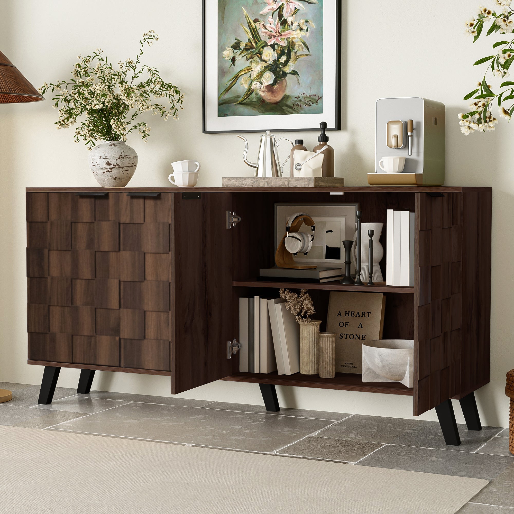 Modern Sideboard, 4 Doors 160.5x35.5x78 cm, Dark Wood Grain