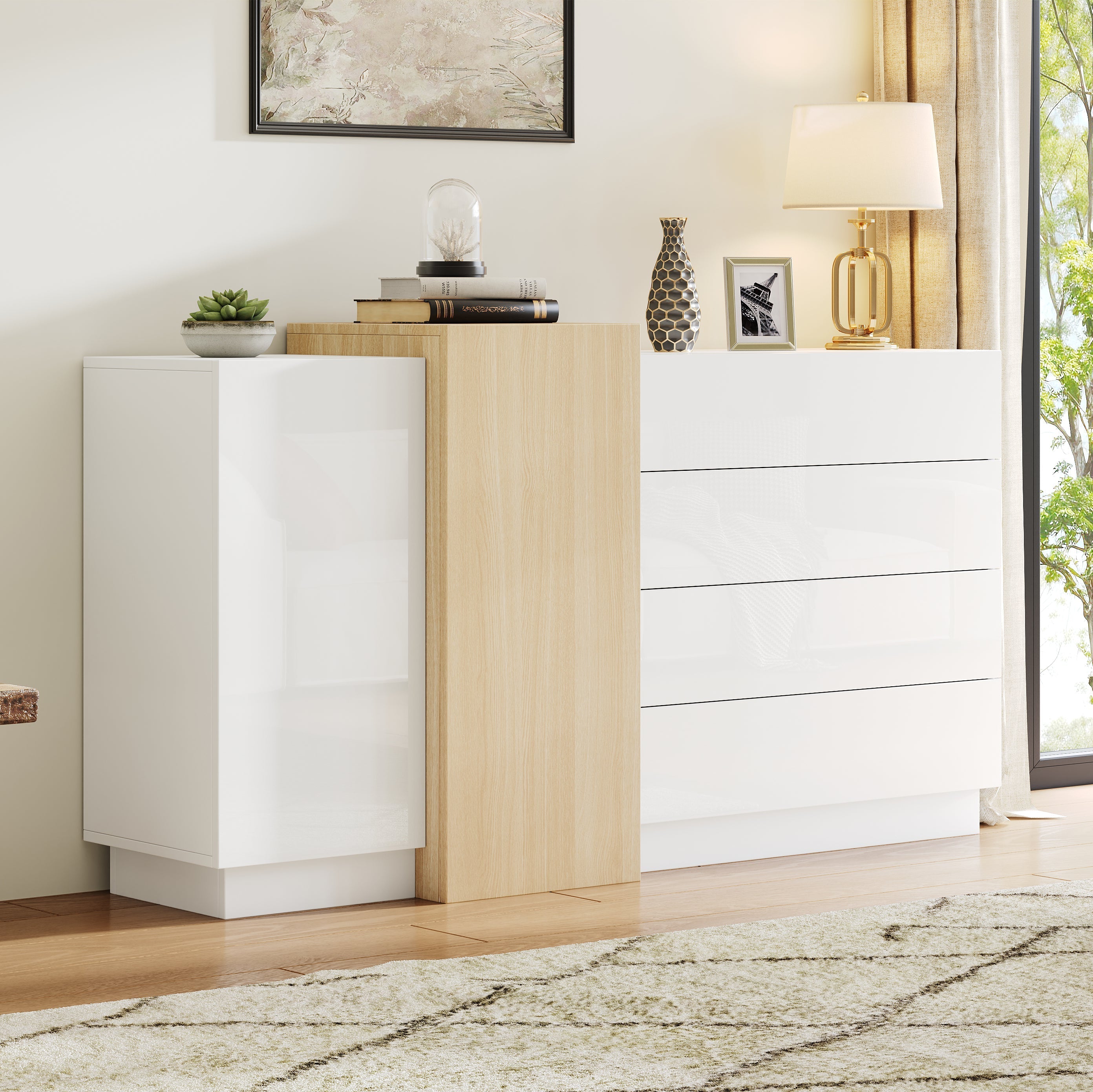 Sideboard Storage Cabinet, High-Gloss Modern Wood-Colored White