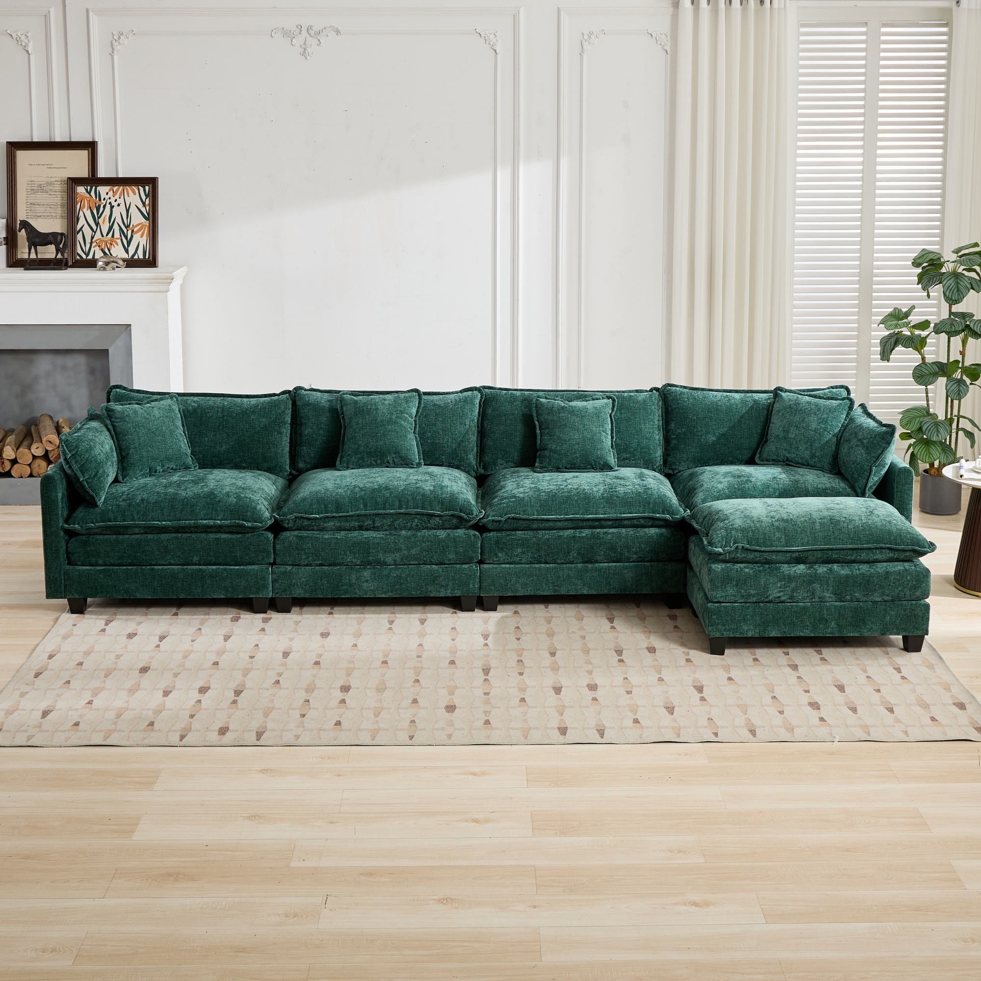 Cloud Sofa 4 Seats, Modern Modular Sectional Couch with Double Layer Upholstered Cushions, Green Chenille Fabric