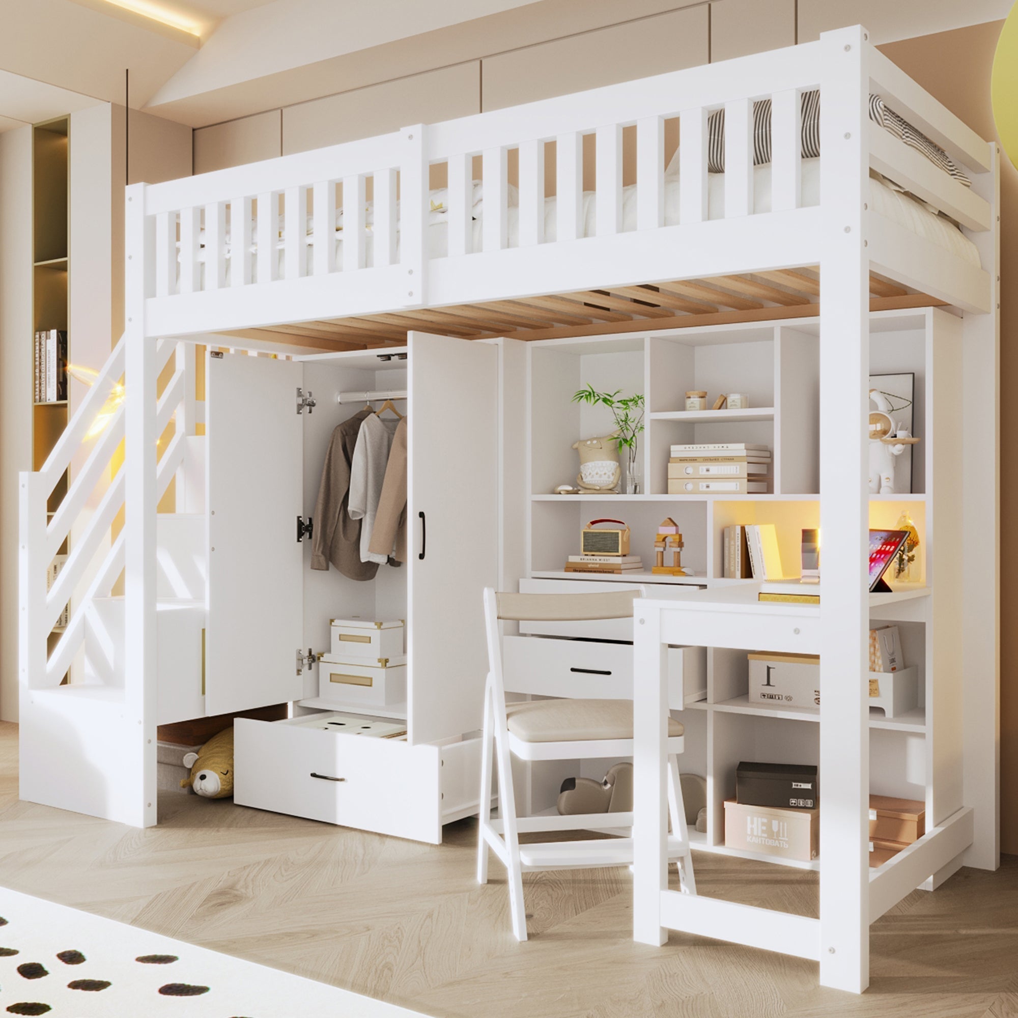 Loft Bed with Wardrobe, Desk and Storage Ladder, White
