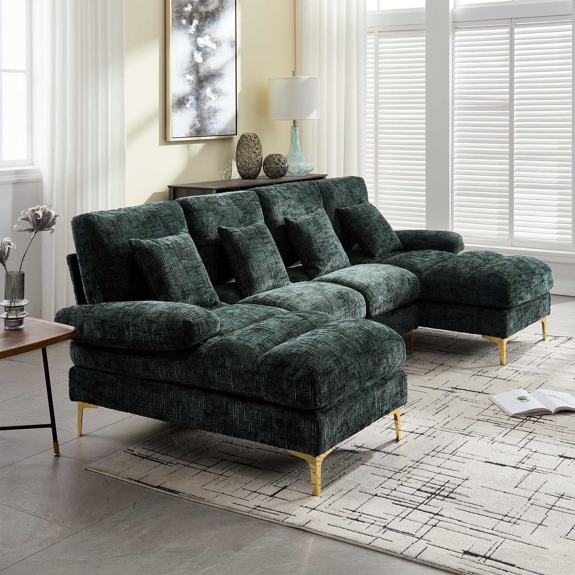 Chenille U-Shape Sectional Sofa, Large with Double Reclining Seats, Emerald