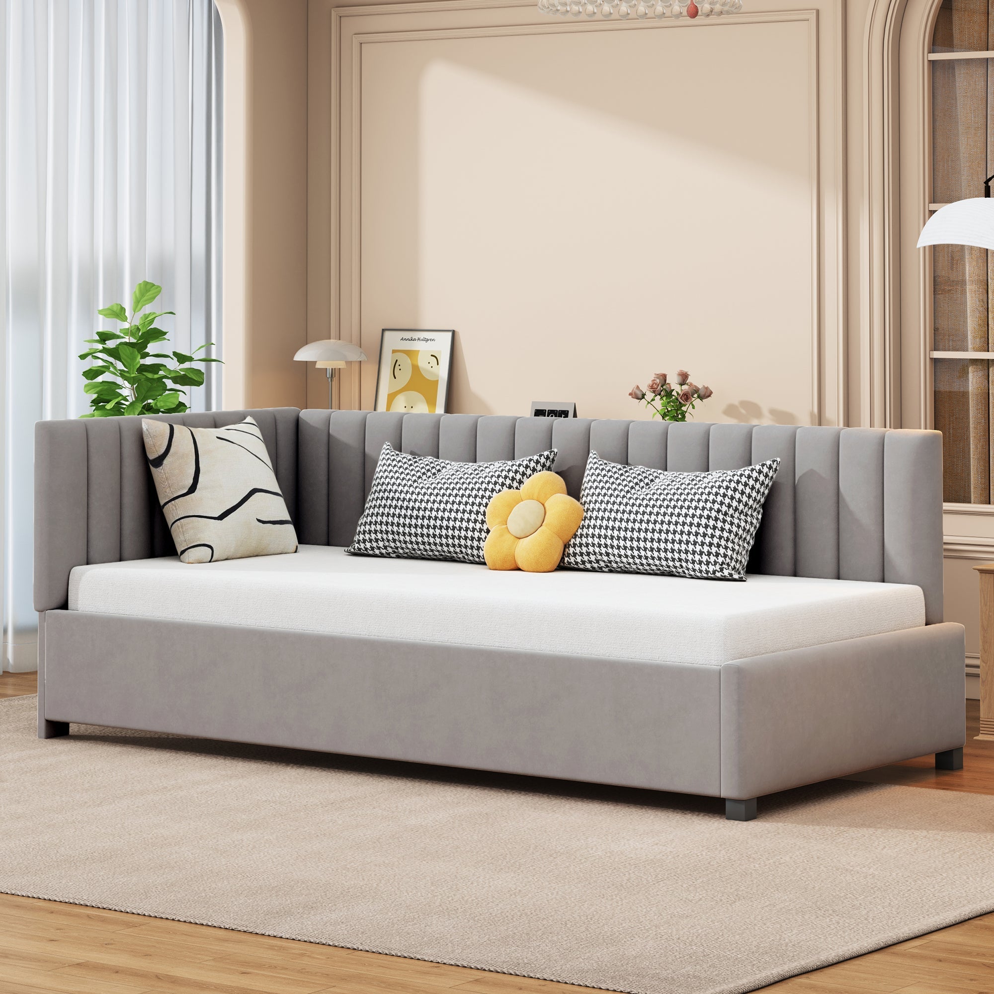 Upholstered Bed Sofa, 90x200 Multifunctional with Slatted Frame, Skin-Friendly Velvet Fabric Gray
