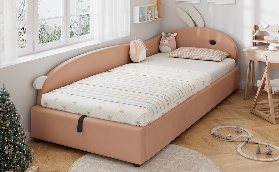 Upholstered Bed, Single Children's Hydraulic with Bunny Headboard, Velvet Pink+White