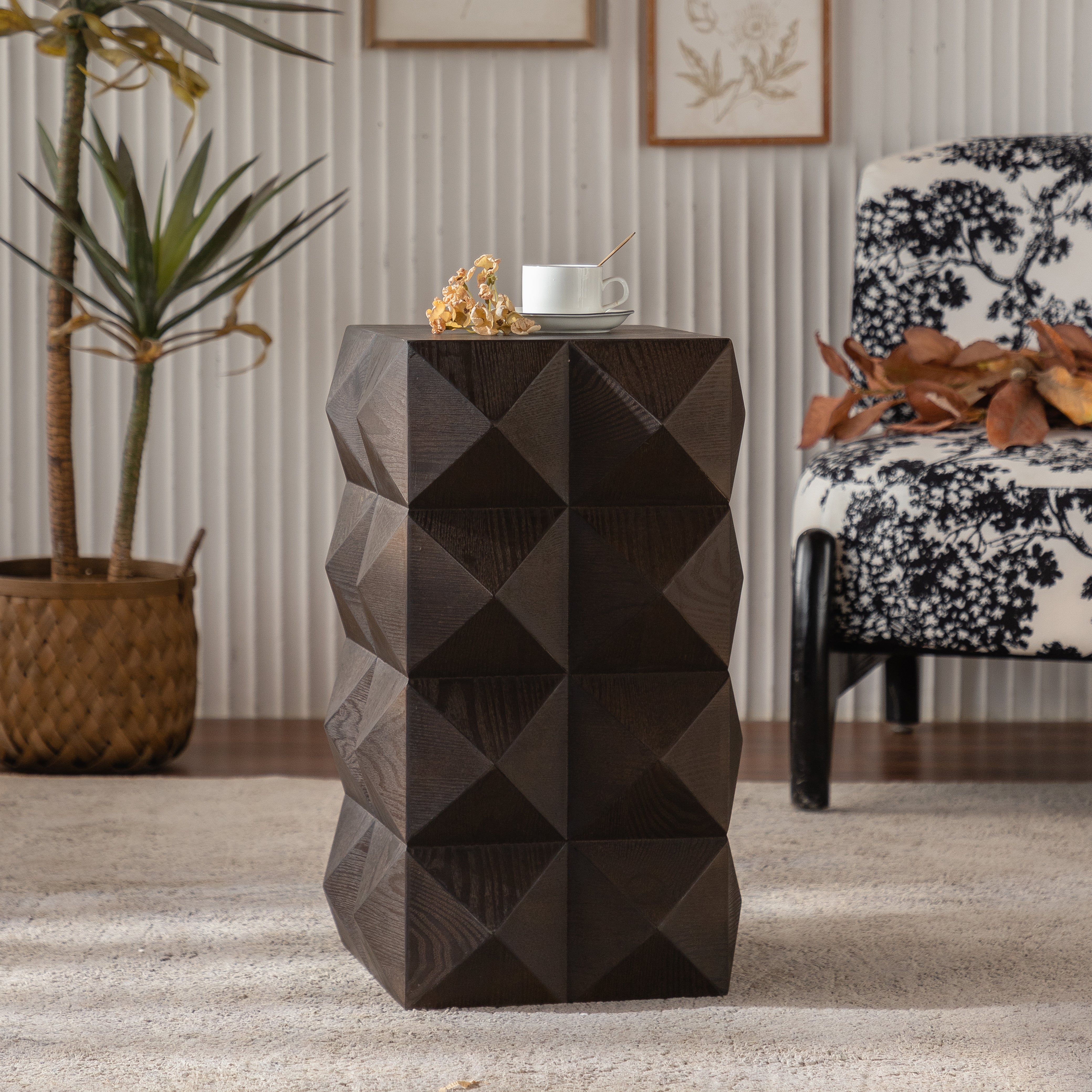 60cm height three-dimensional embossed pattern design retro side table retro wooden nightstand brown