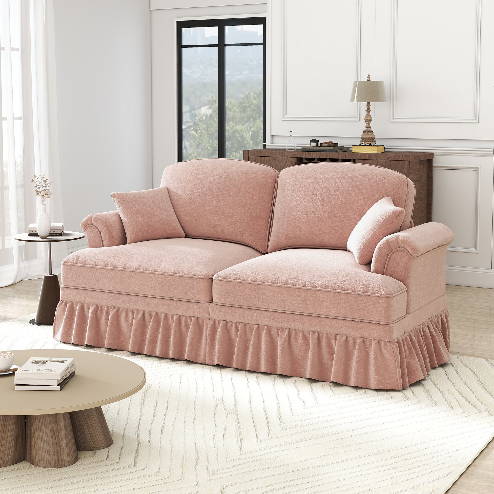 2-Seater Sofa Elegant Mid-Century Flared Armrests - Chenille Pink
