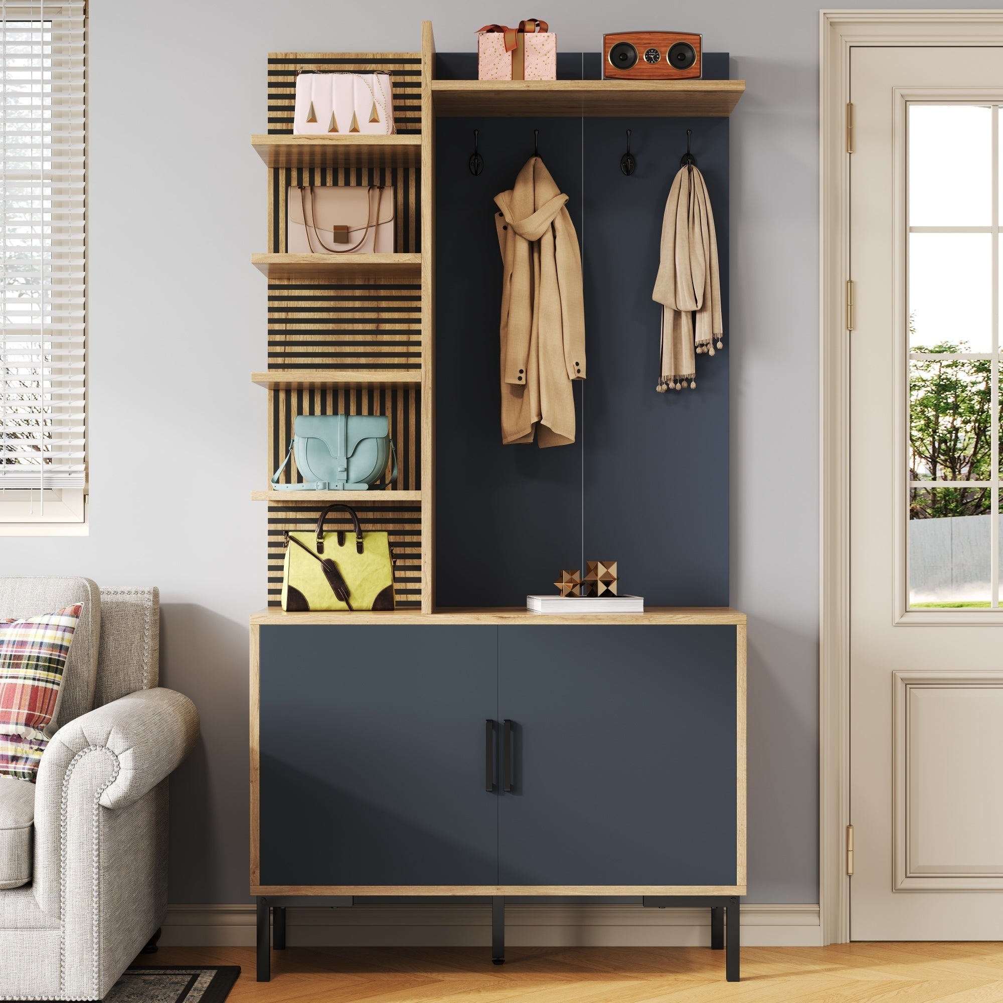 Wardrobe Set with Shoe Compartment, Shelves, Adjustable Dividers, Hooks - Wood and Black