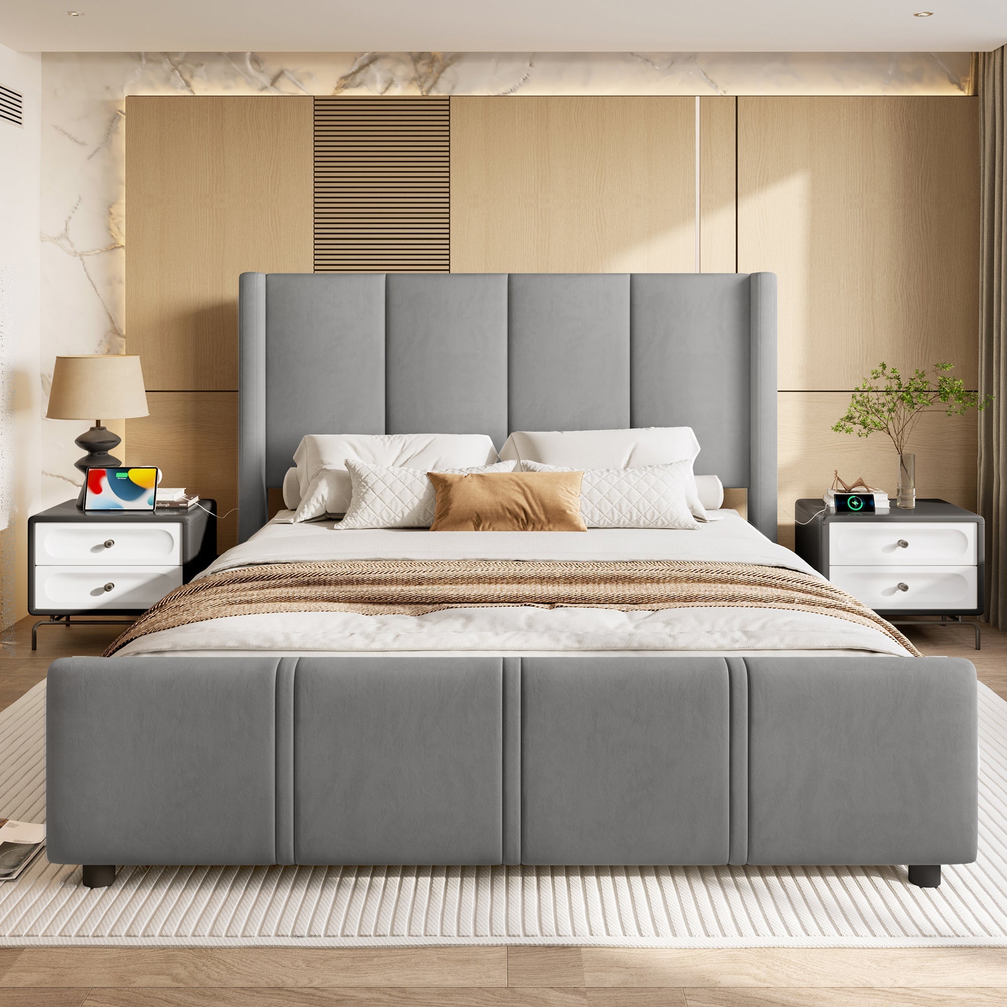 Upholstered Bed Frame, 160x200cm Modern with USB Port, Iron & Wood, Grey