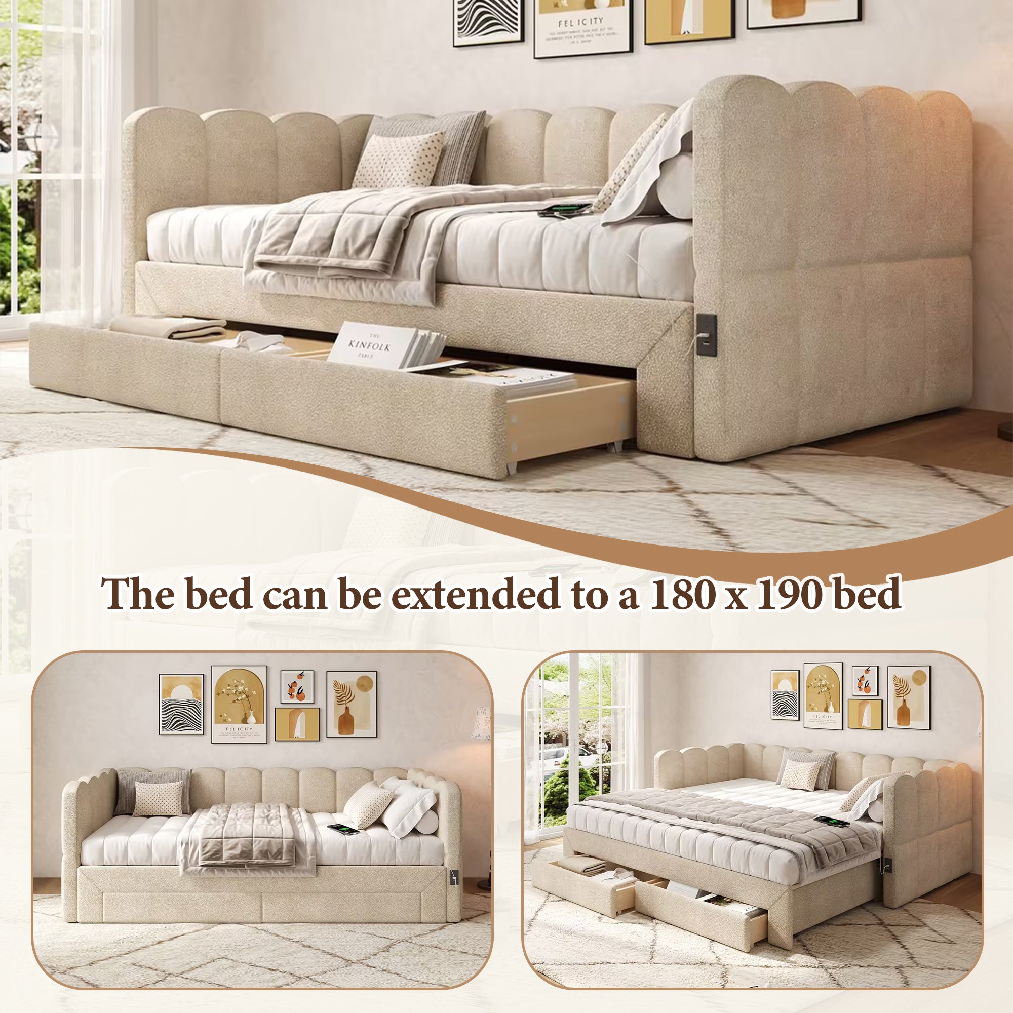 Upholstered Daybed with 2 Storage Drawers, USB Port, Extendable 90x190 to 180 cm, Beige Chenille
