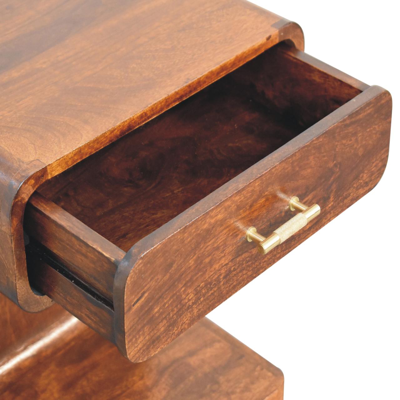 Solid Wood Bedside, T-Bar Rounded, 1 Drawer, 1 Open Slot, Dark Brown Chestnut