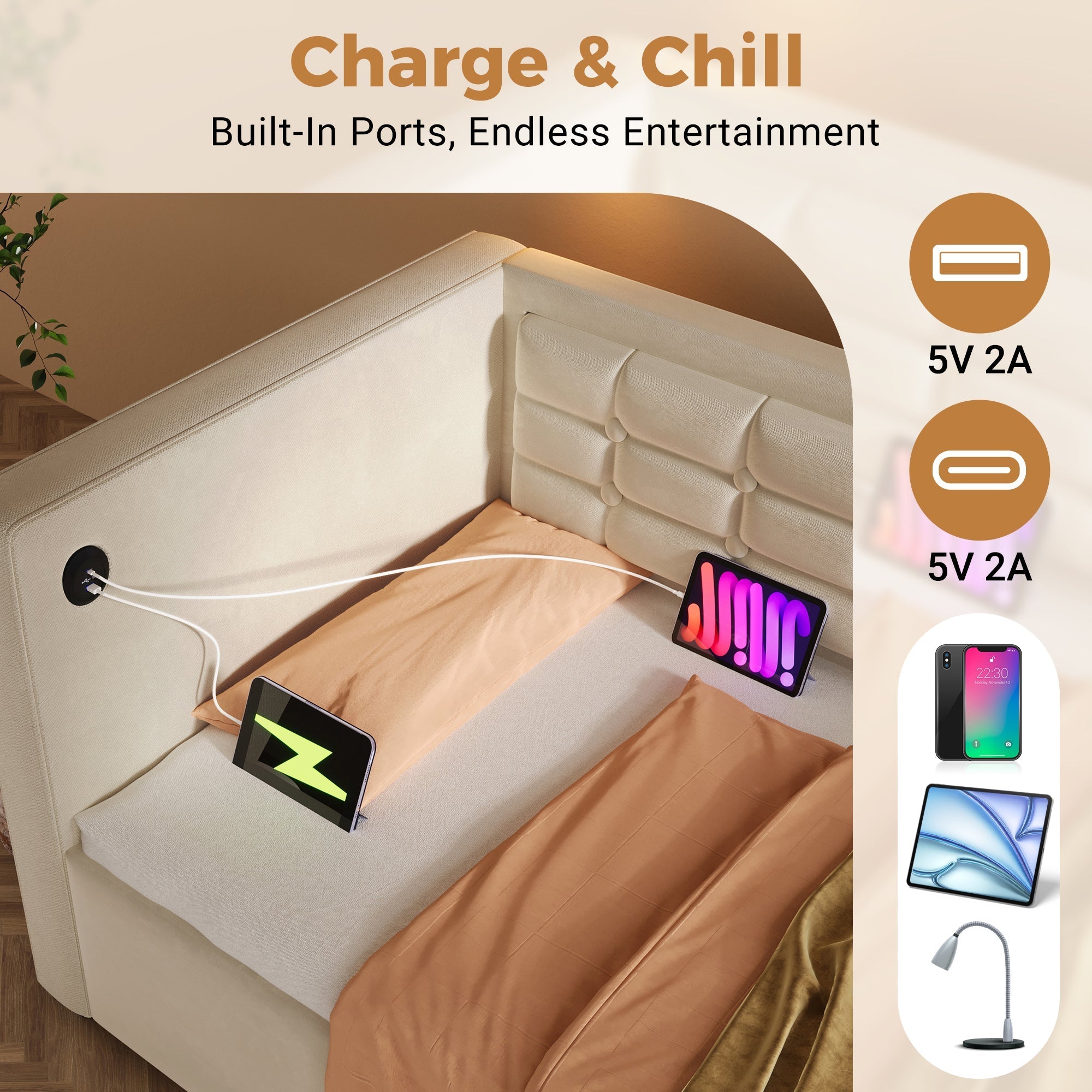 Daybed Upholstered Bed 3FT Single, USB Charging, Hydraulic Storage, Velvet Beige (No Mattress)