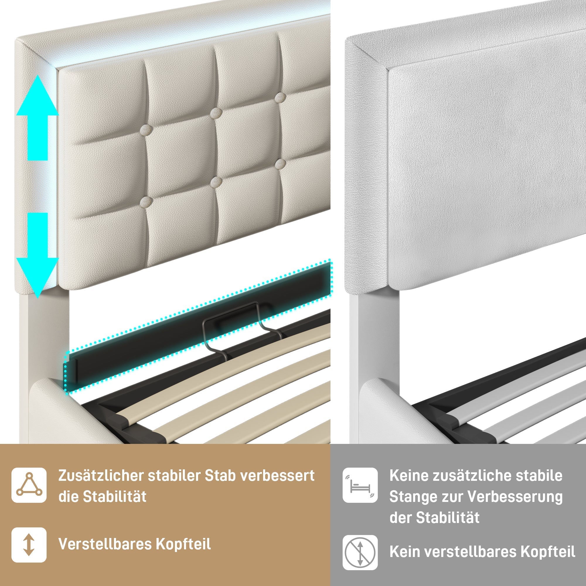 Upholstered Bed, 180x200cm LED Storage Double, White Artificial Leather