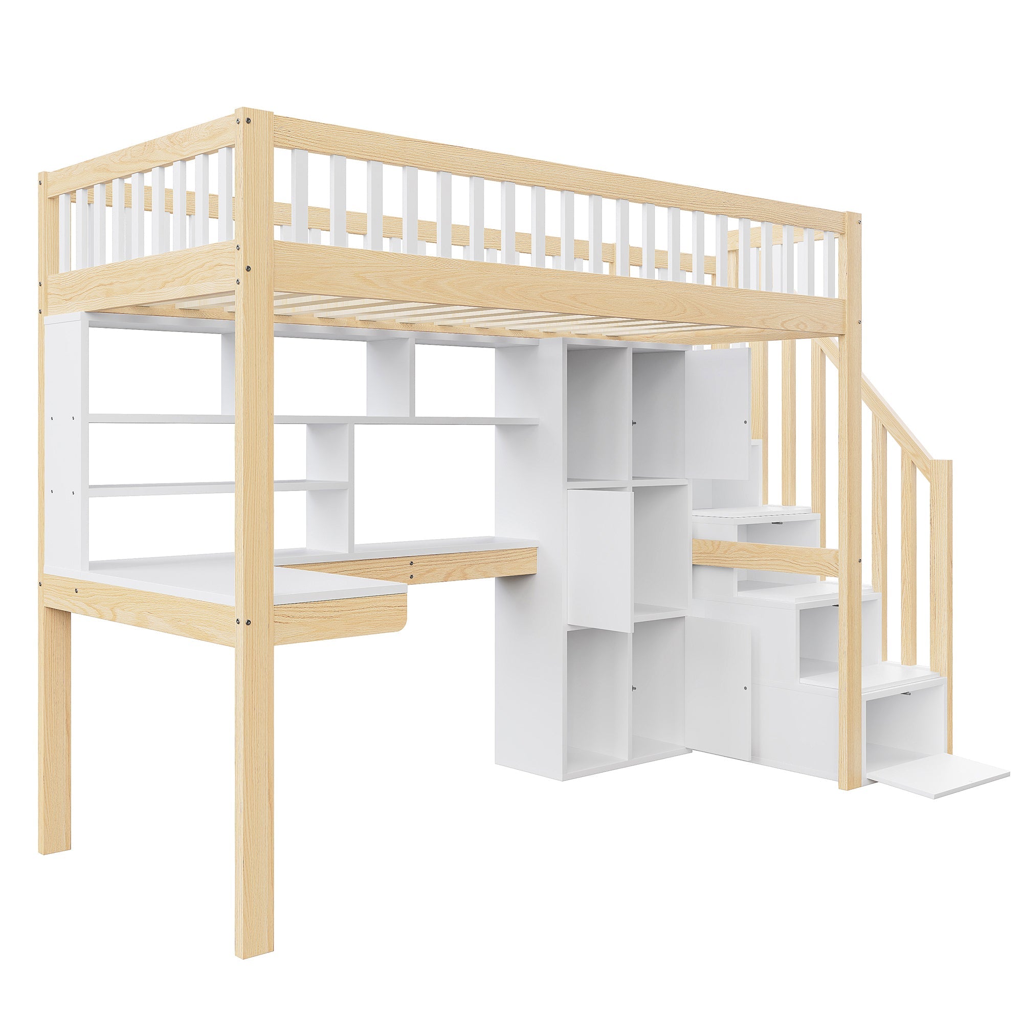 Loft Bed with LED Lights, Desk, Shelves and Storage Ladder, 90x200cm, White and Natural Wood