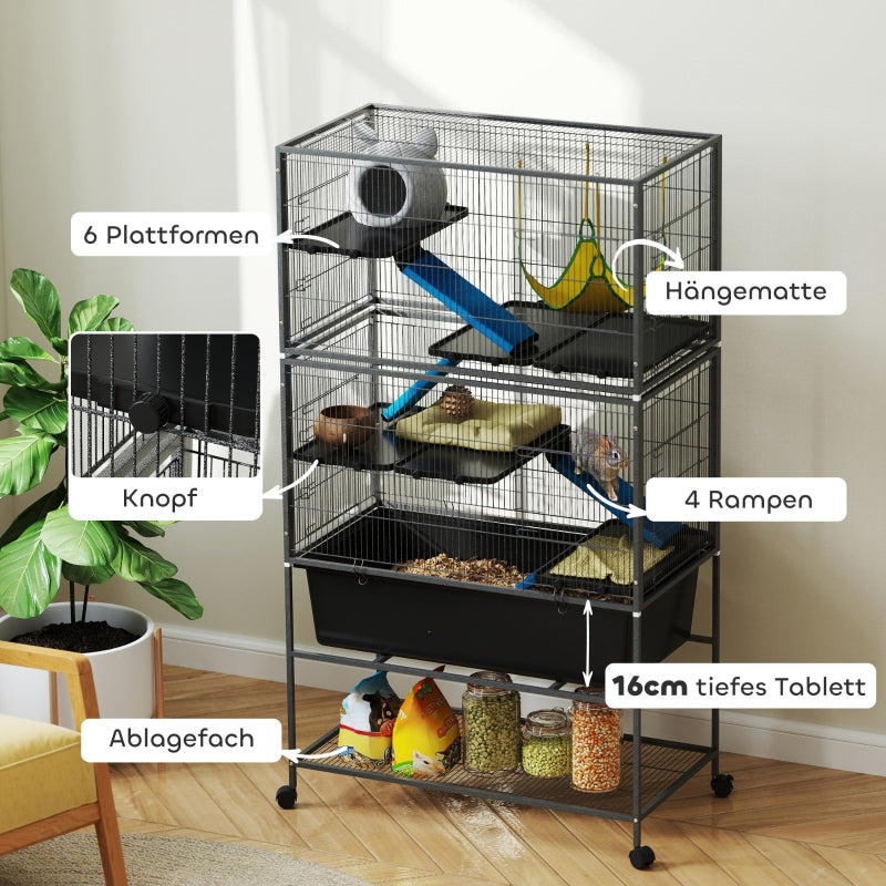 Kleintierkäfig, 5 Ebenen, rutschfeste Rampen, Hängematte, Dunkelgrau