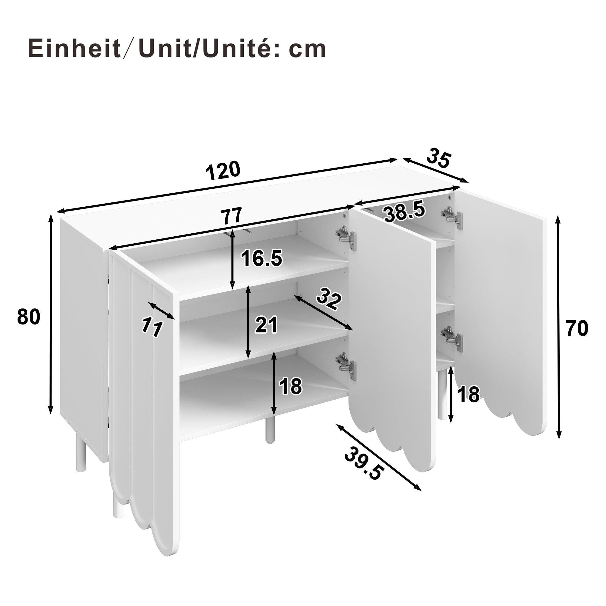 Sideboard, Wave Doors, Handleless, Adjustable Shelves, White