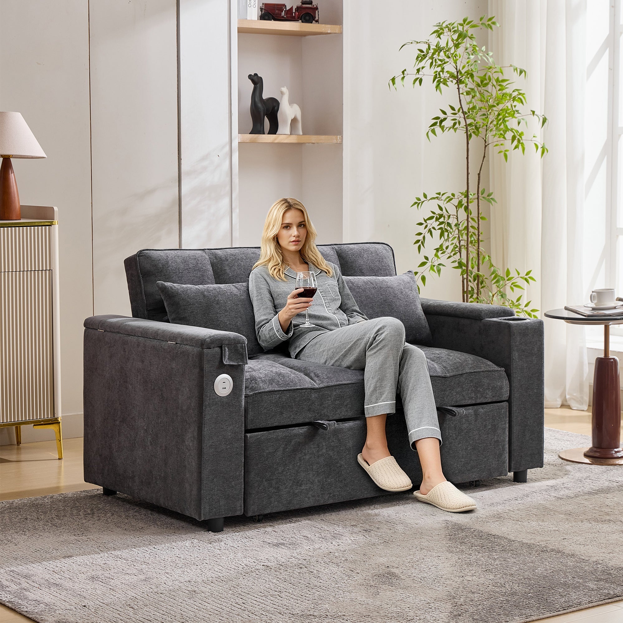 3-in-1 Sleeper Sofa Adjustable USB Hidden Table Cup Holder, Grey