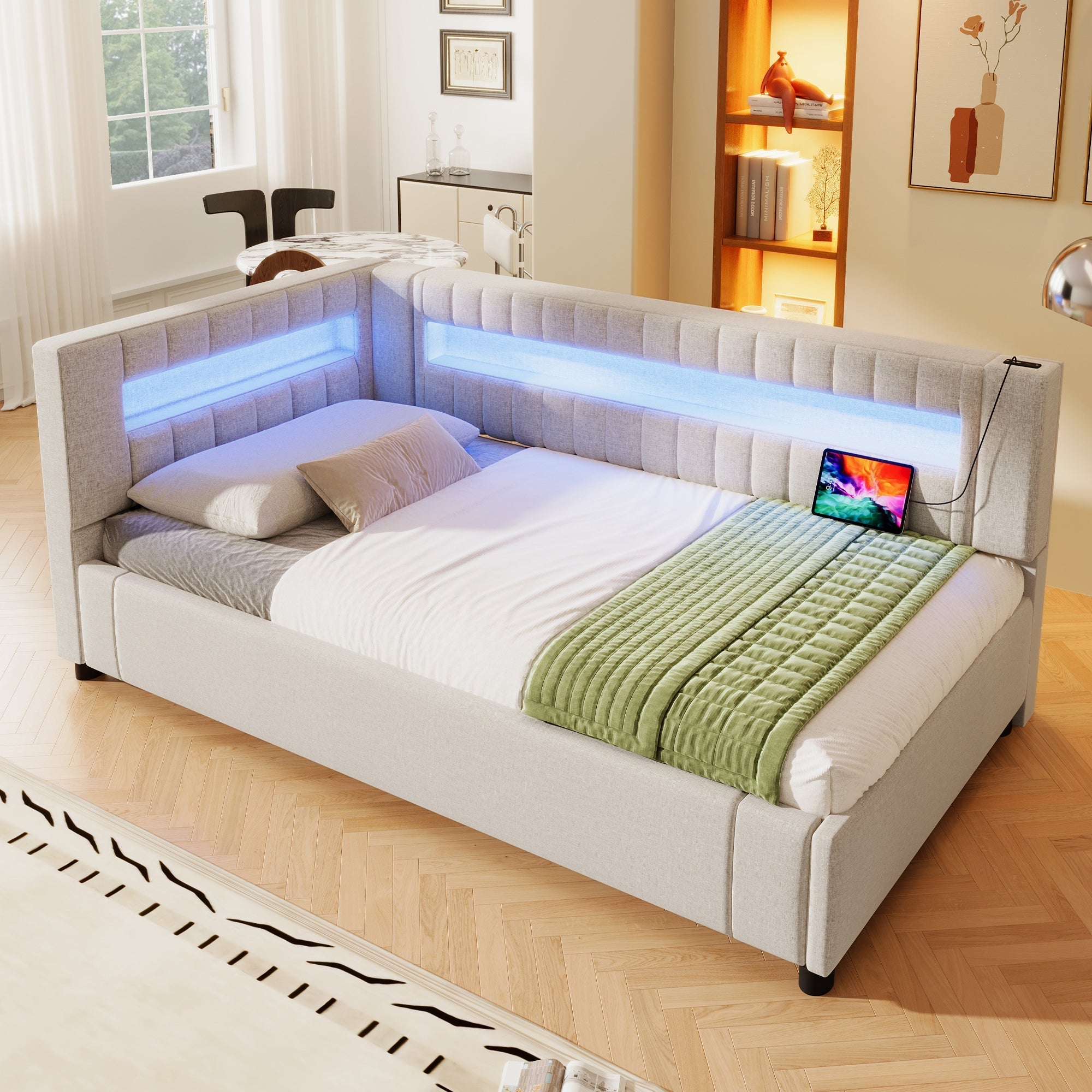 Daybed Sofa Bed 90x200cm Hydraulic Storage LED USB/Type-C - Linen Beige