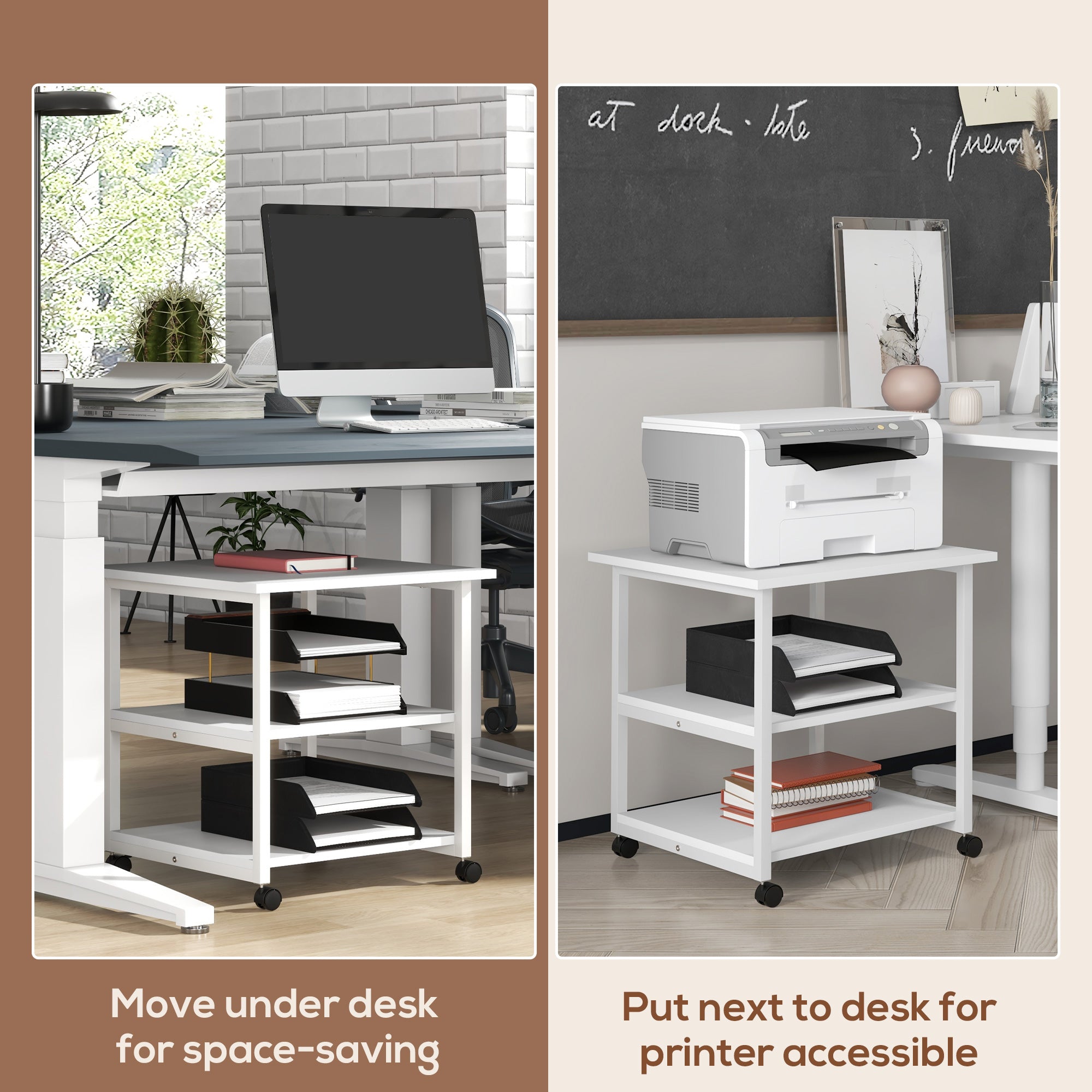 Three-Tier Printer Stand with Wheels, Steel - White