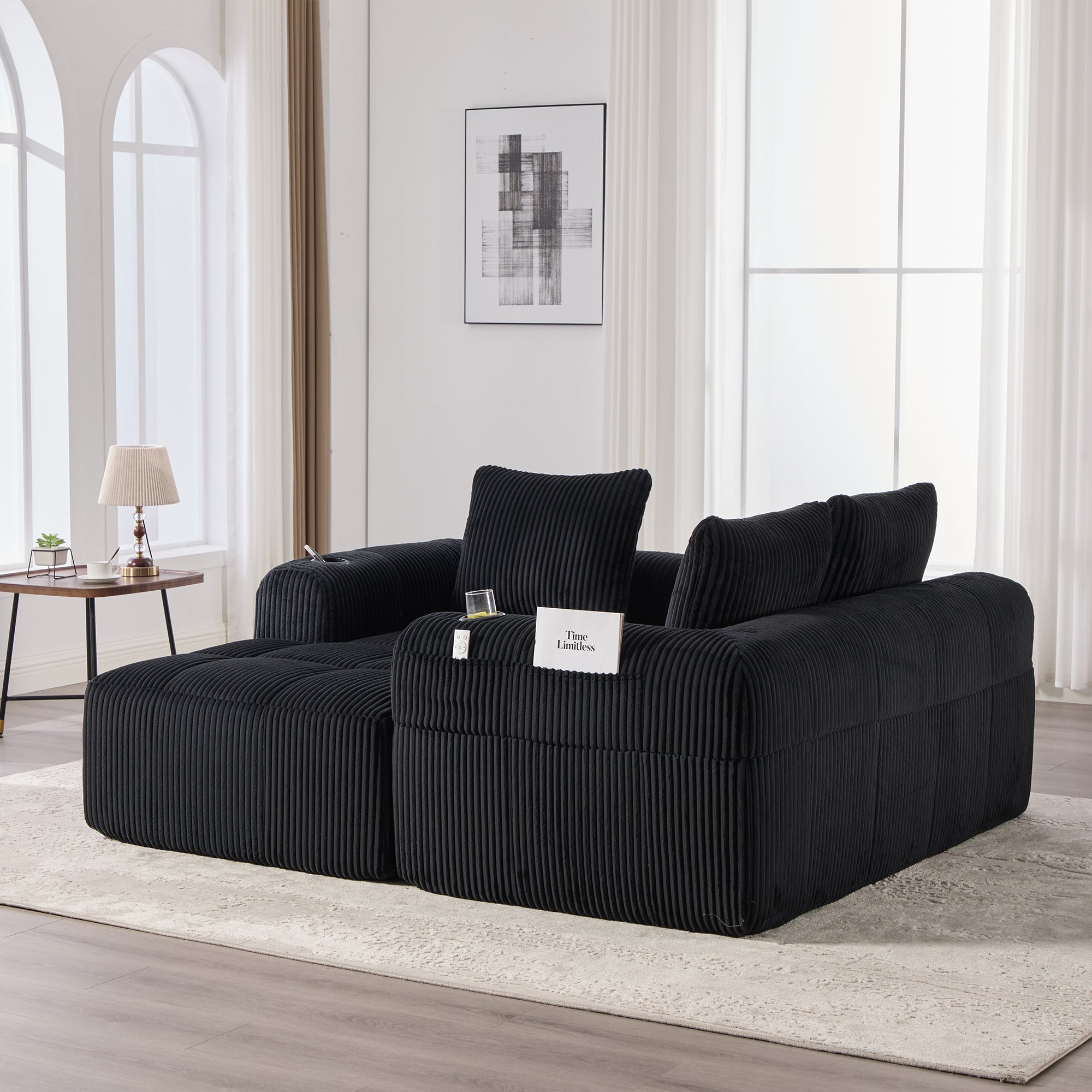 Compact Modular Sofa Side Pocket Cup Holder 3 Cushions - Corduroy Black