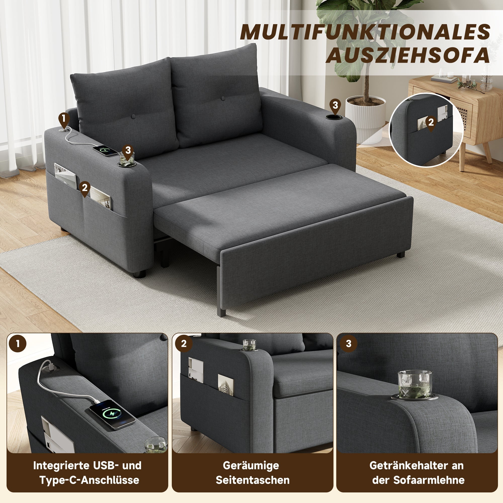 3-in-1 Sleeper Sofa with Pull-Out Bed, Cup Holder, USB Port and Side Pockets, Grey