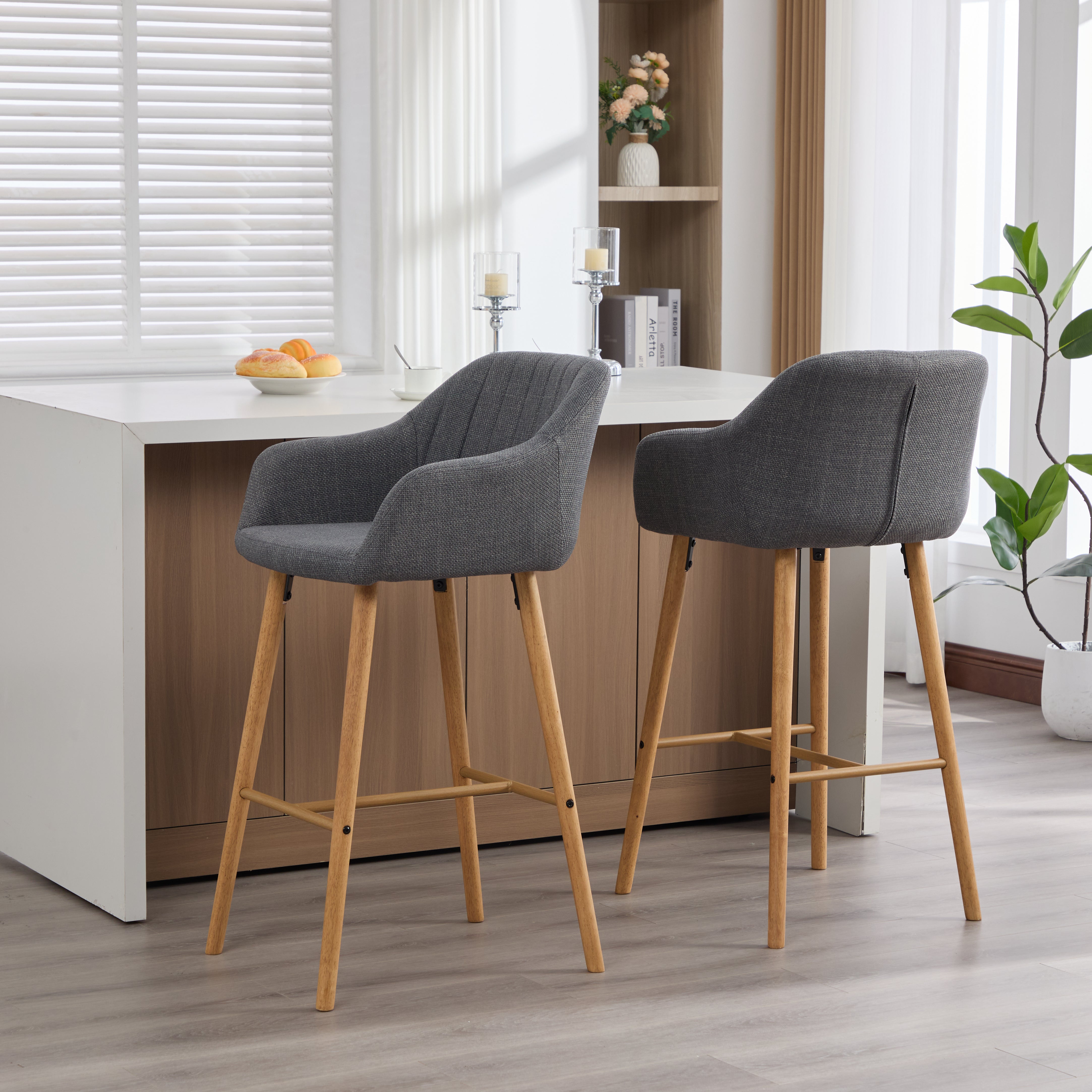 Modern Bar Stools Set of 2 with High Backrest and Armrests, Beige Linen