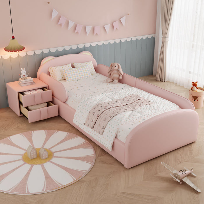 Upholstered Children's Bed with Bear-Shaped Headboard and Matching Bedside Table, 90x200cm, Pink Velvet