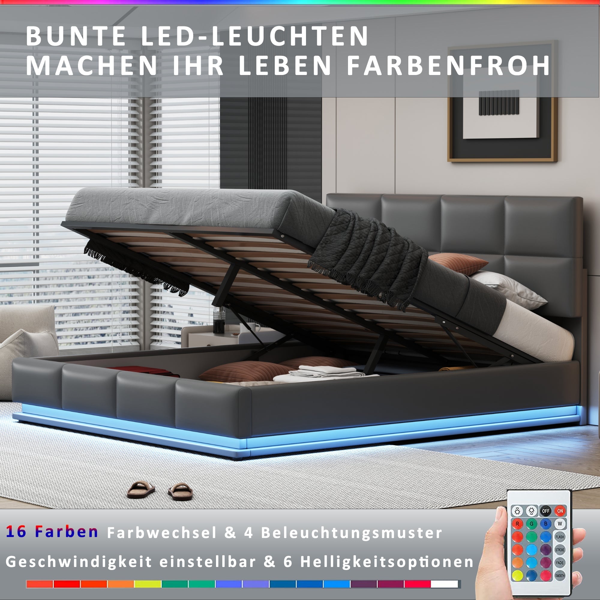 Upholstered Bed, 180x200cm, LED & Hydraulic Storage, Faux Leather Gray
