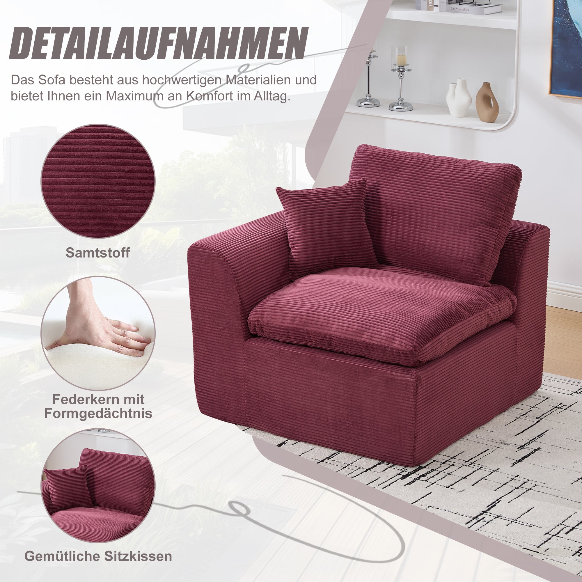 Modern Single-Seater Sofa Armchair Nordic Minimalist with Cushion - Fabric