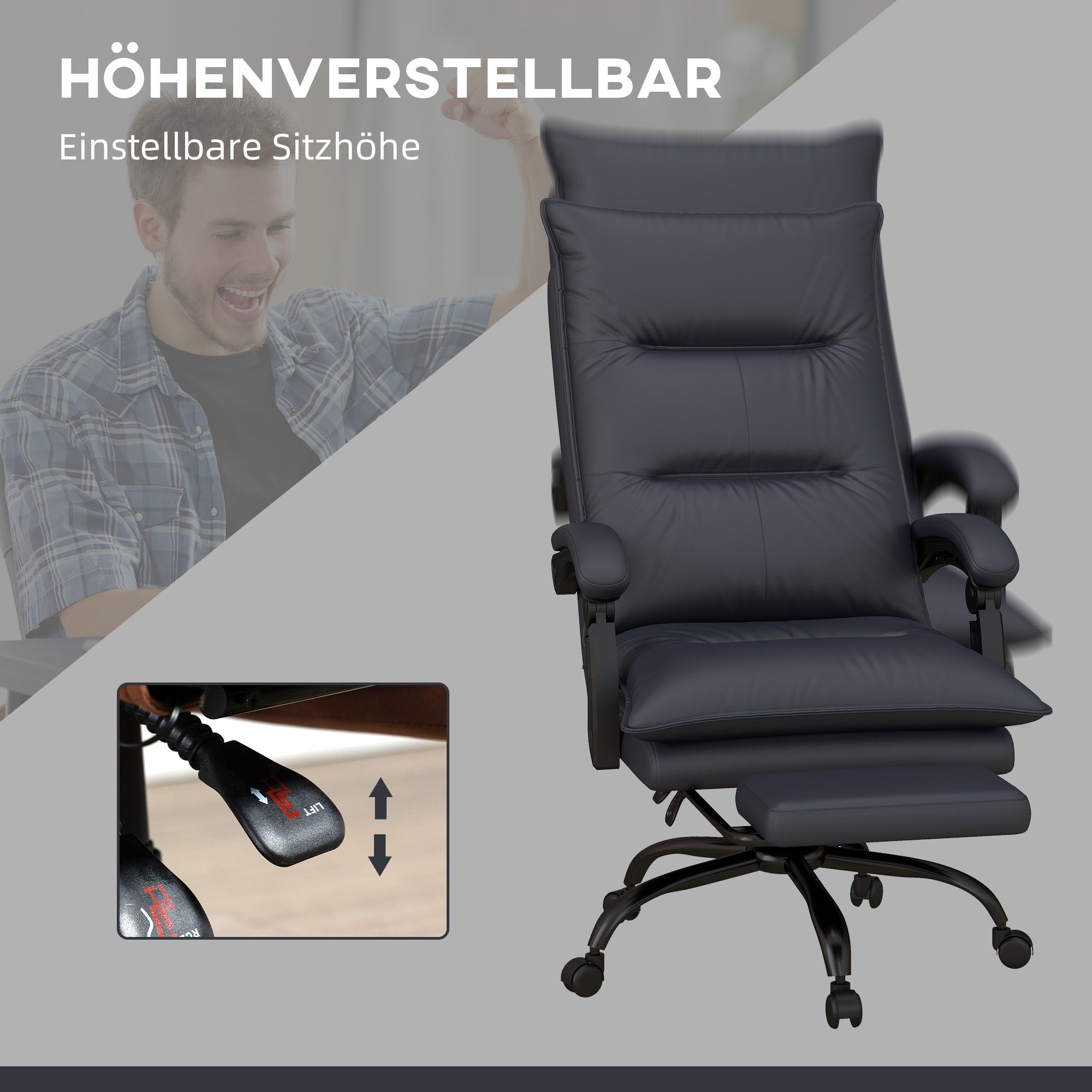 Vinsetto Office Chair with Massage Function, Height-Adjustable, Footrest, Dark Grey