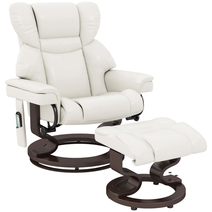 Reclining Armchair with Footstool, Electric Swivel Massage Function, Faux Leather, Cream White