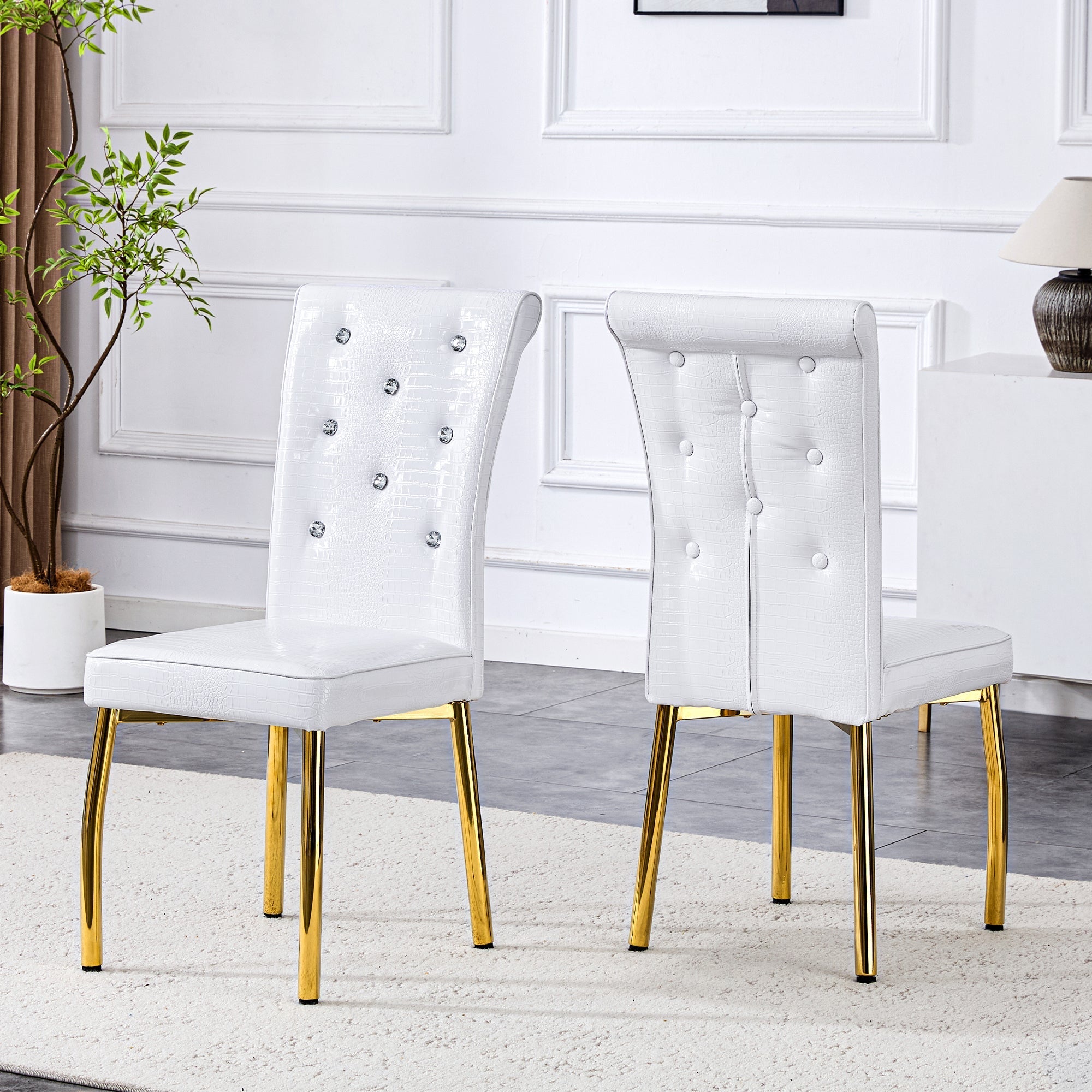 Set of 2 Dining Chairs Retro Alligator-Skin Crystal Buckle Gold Legs - Faux Leather