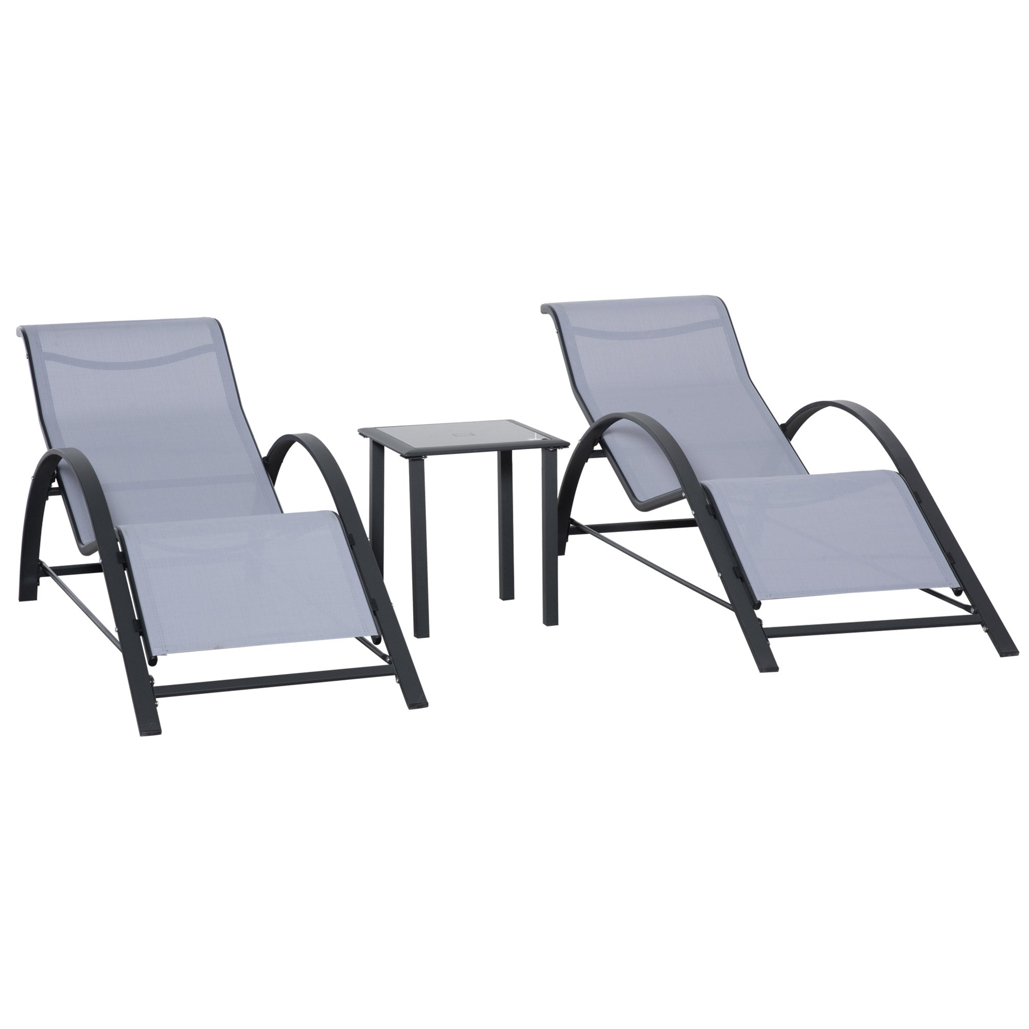 3 Pieces Lounge Chair Set Metal Frame Outdoor Recliner with Table, Light Grey