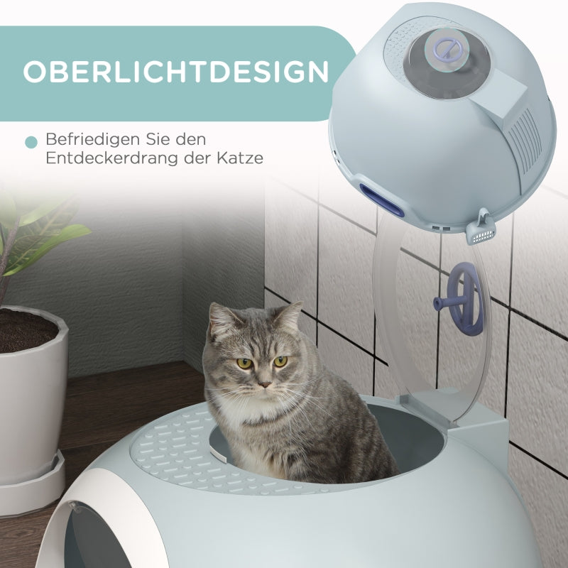Cat Litter Box with Skylight, Bottom Tray & Scoop, Portable, Lake Blue PP ABS