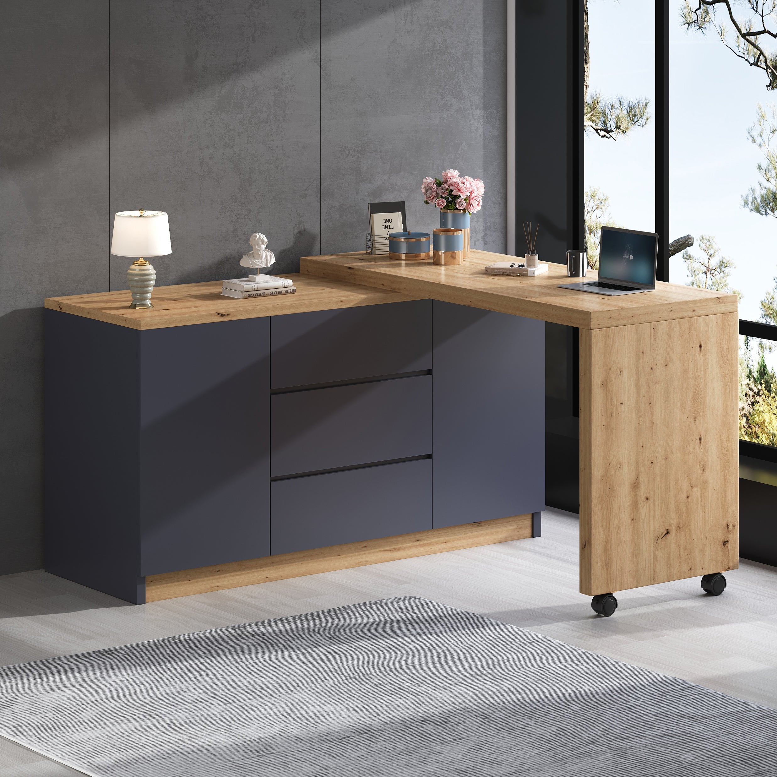 Desk Multifunctional Rotating Foldable Corner Sideboard with Lockable Casters, Grey/Oak