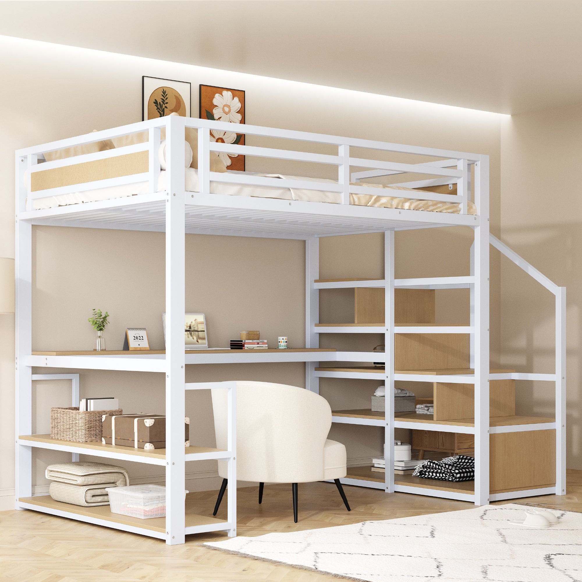 Metal Loft Bed with Storage Ladder, Shelves and Table, 140x200cm, White Metal