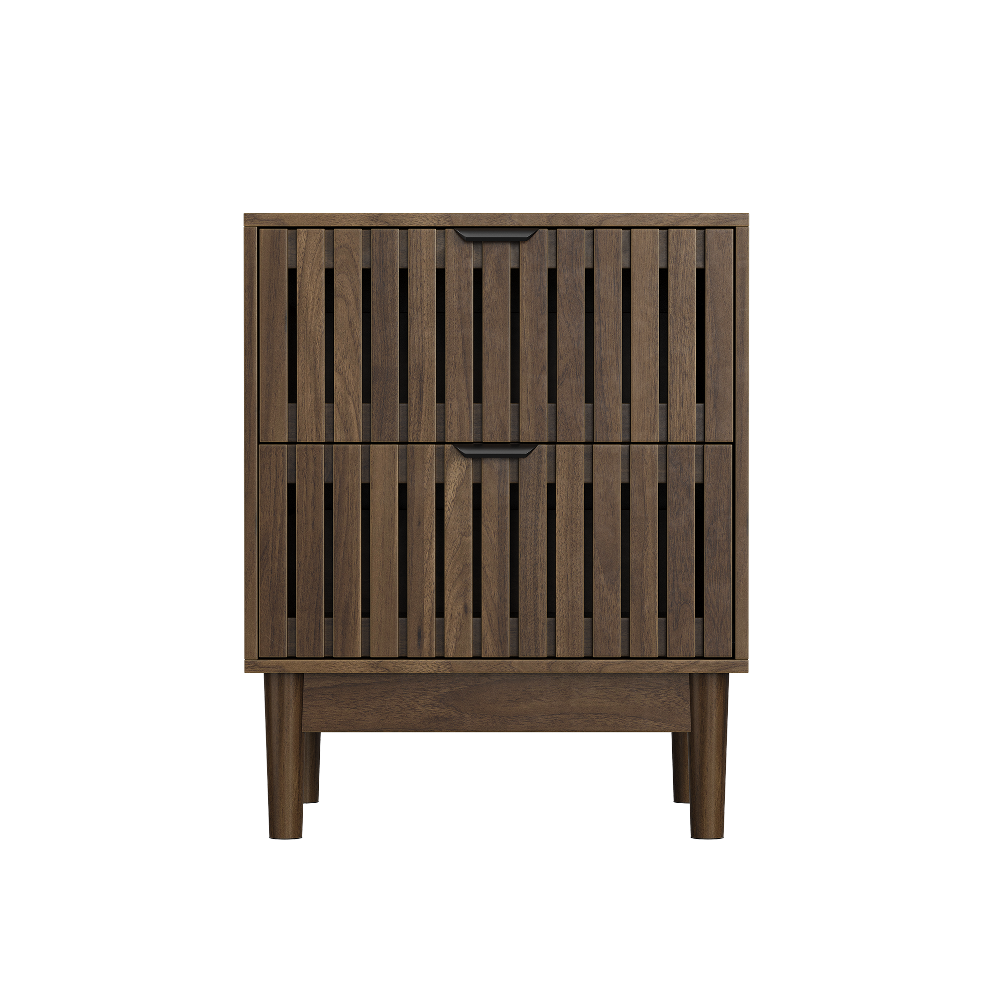 Mid-Century Modern Nightstand with Two Drawers and Slatted Design, 45 x 39 x 56.5 cm, Walnut Wood