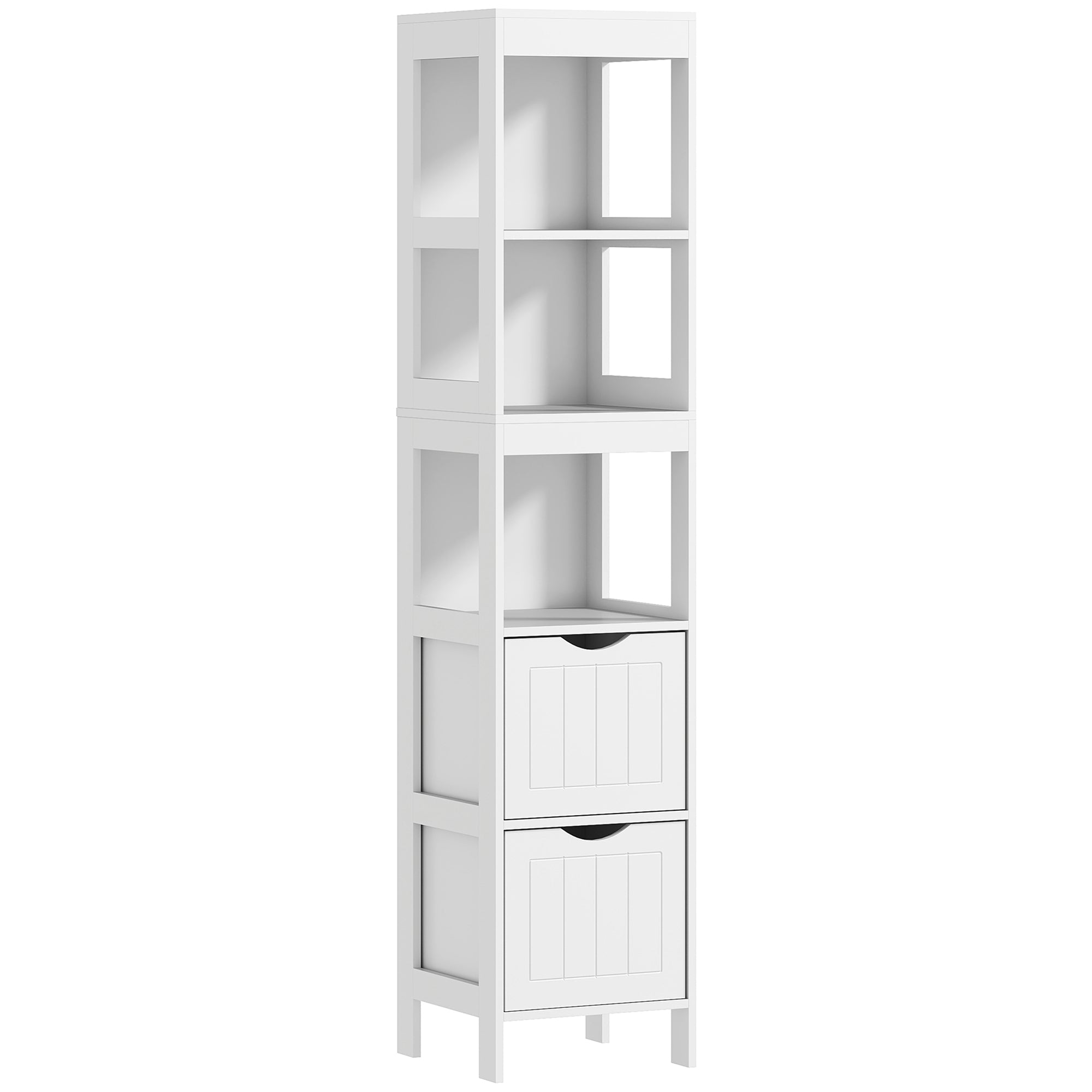 Schlanker Badezimmerschrank, Hochschrank mit 2 Schubladen, 3 offenen Fächern, Weiß
