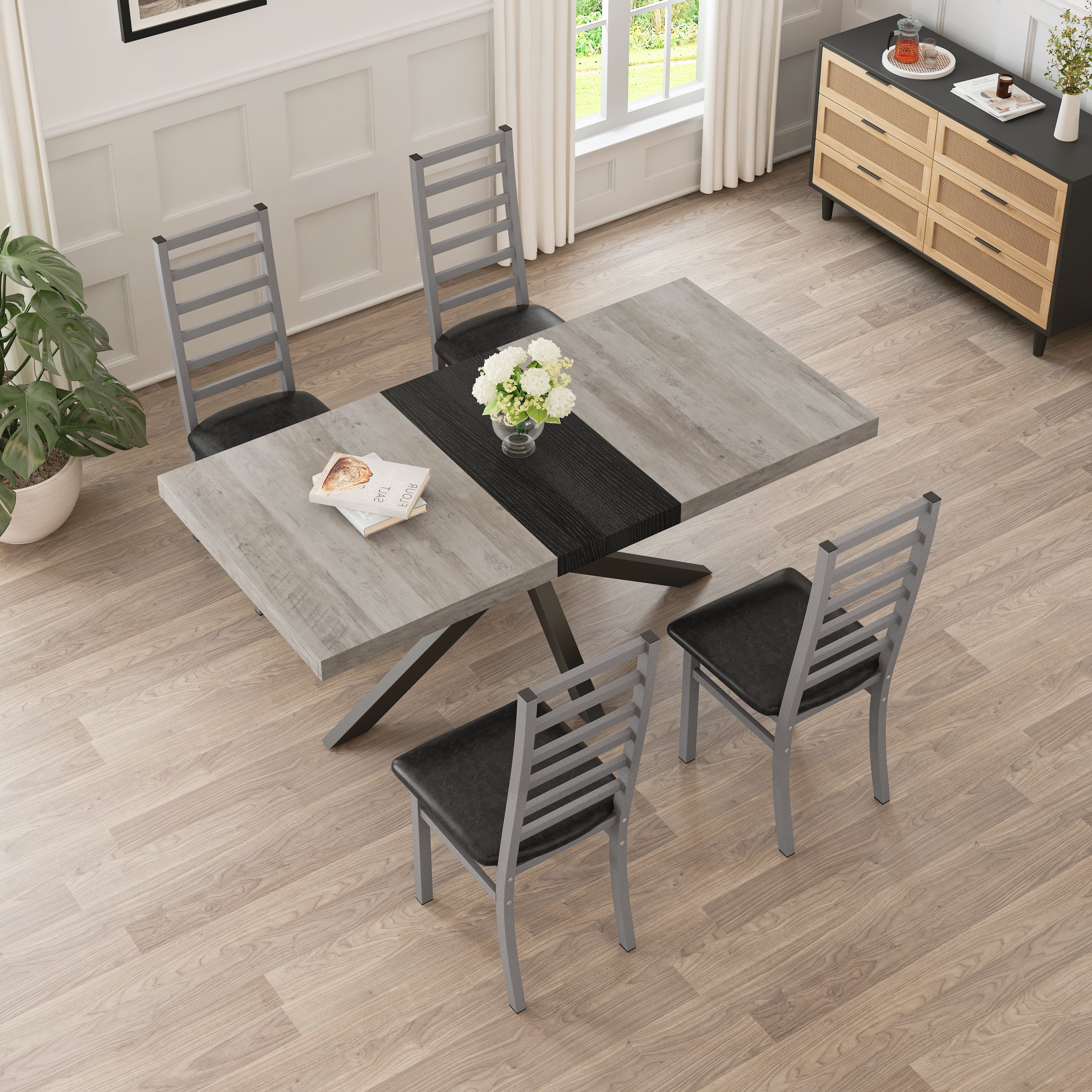 Dining Chairs - Set of 4, High Back Armless, Steel & PU Leather, Grey