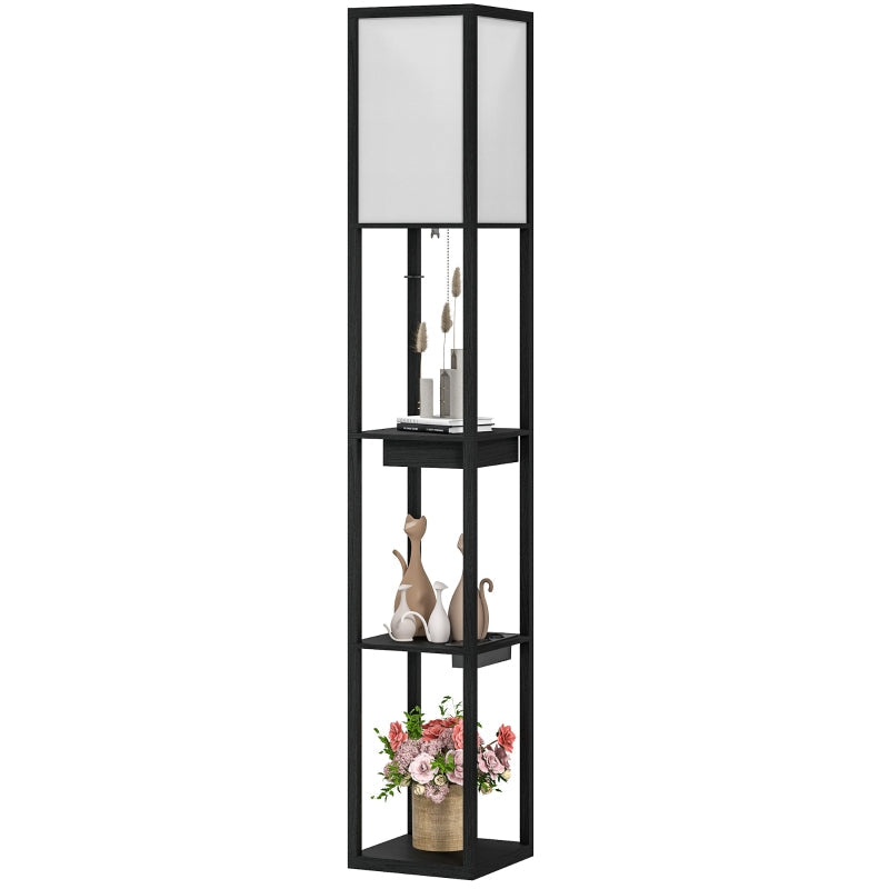 Floor Lamp, 3 Compartments, E27 Socket, Fabric Lampshade, USB-A, USB-C Ports, White+Black