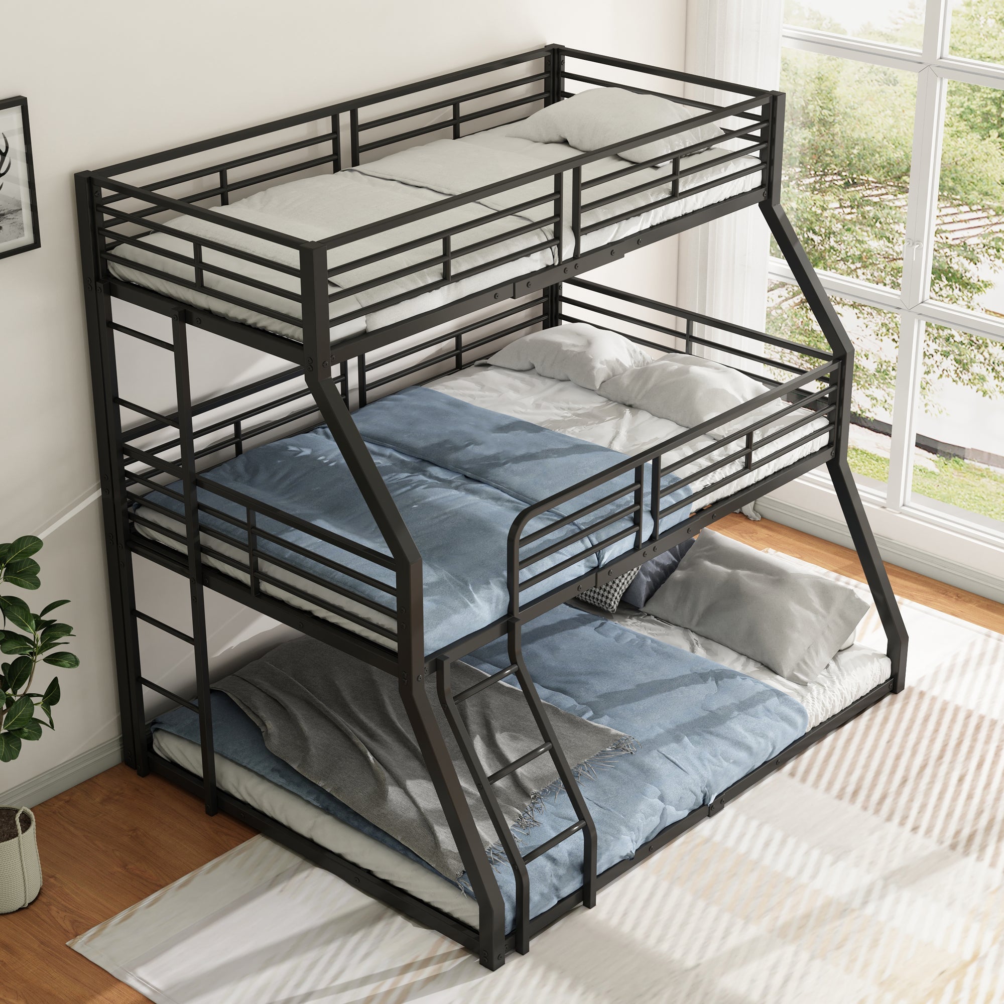 Triple Bunk Bed 90/120/140x200cm Metal Frame - Black