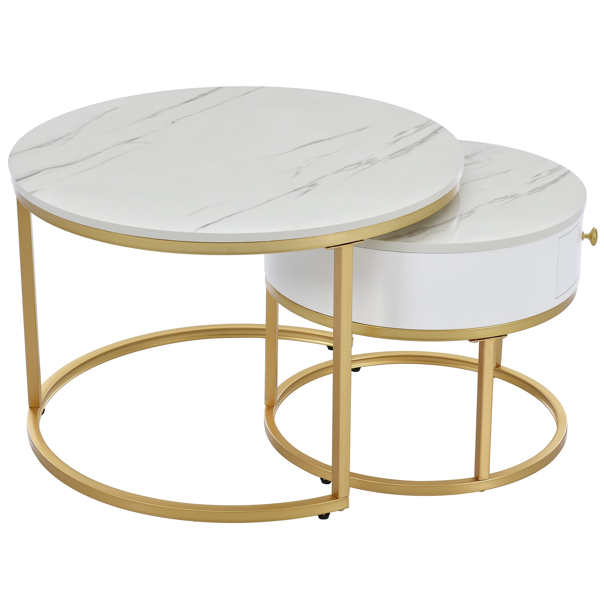 Modern Nesting Coffee Table, 2-Piece Set Round Nested Side Table, High Gloss White Marble Pattern