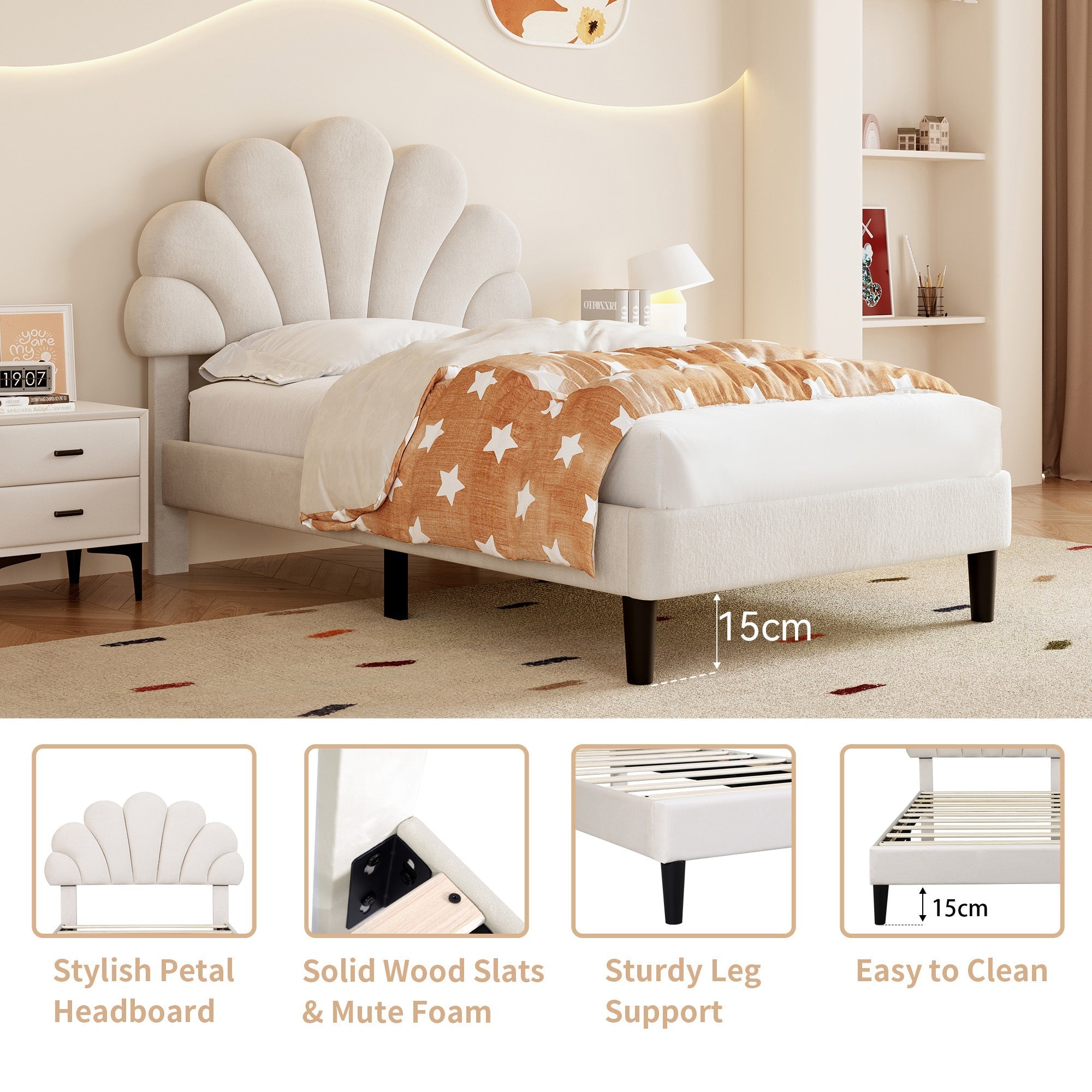3ft Single Upholstered Velvet Bed Frame with Adjustable Chic Petal Headboard, Beige