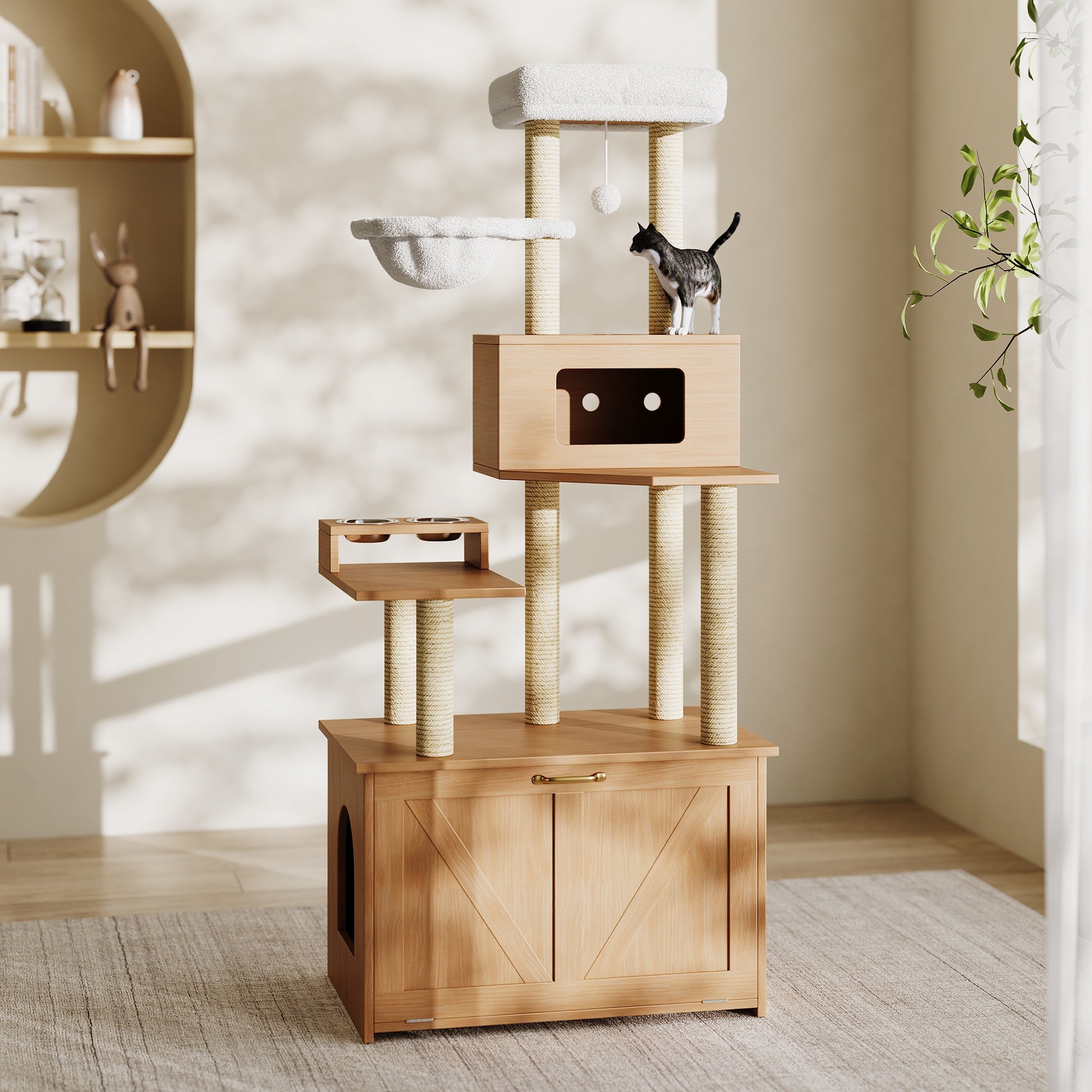 Modern Cat Tower & Scratching Post All-in-One Furniture, Walnut Color