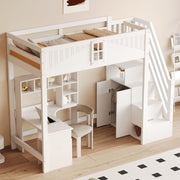 Loft Bed, Multifunctional with Safety Door & Storage, Solid Wood White