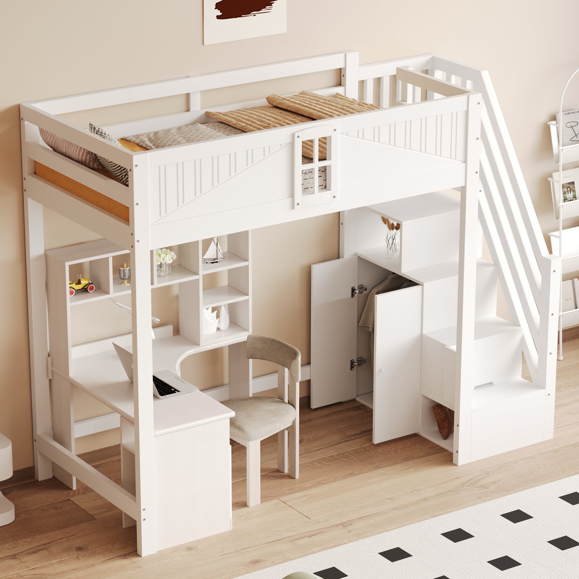 Loft Bed, Multifunctional with Safety Door & Storage, Solid Wood White
